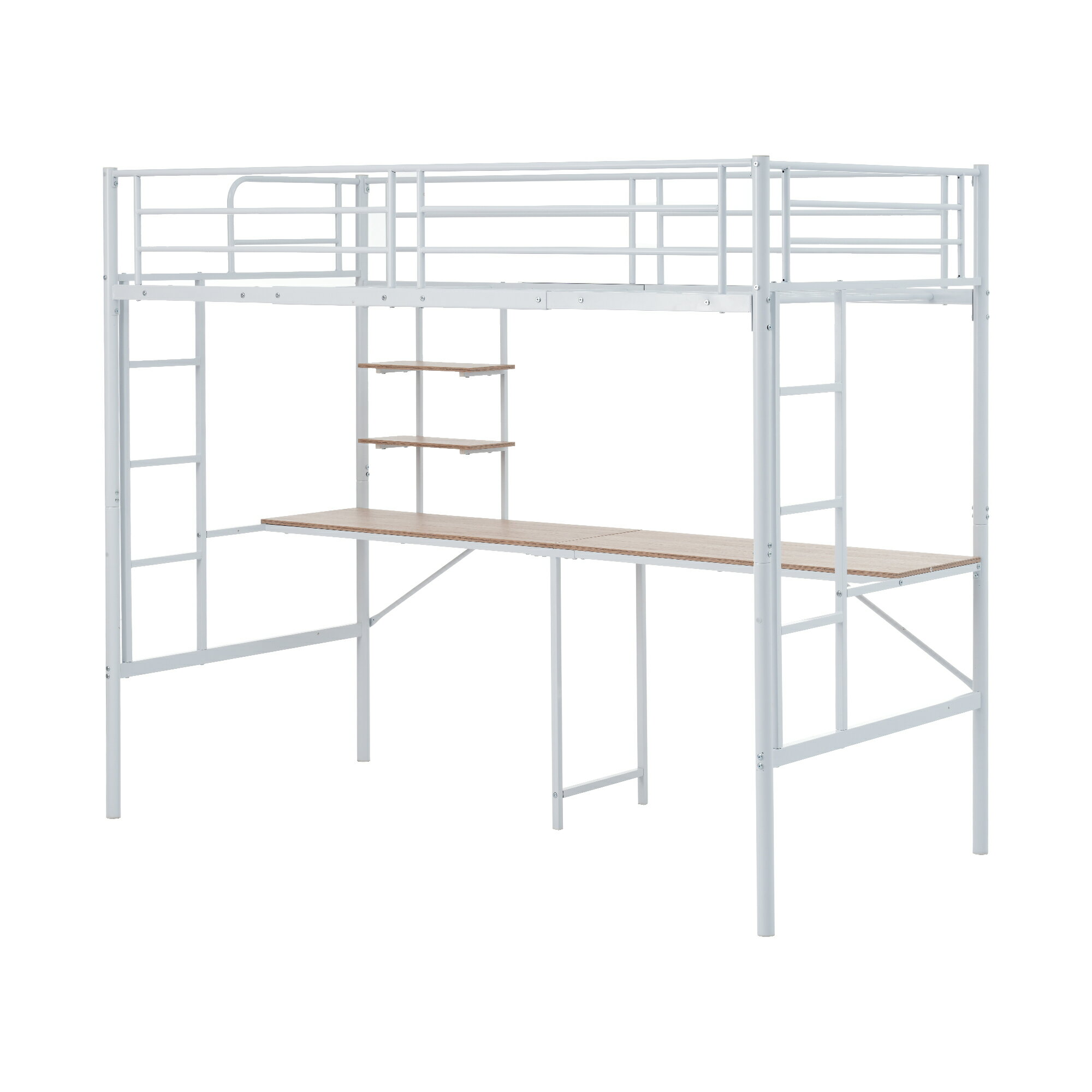 SALE！【WHITE】デスク・ラック棚付きロフトベッド 耐荷重150kg ロフトベッド シングル デスク付き ラック棚付き ハシゴ階段 耐荷重150kg