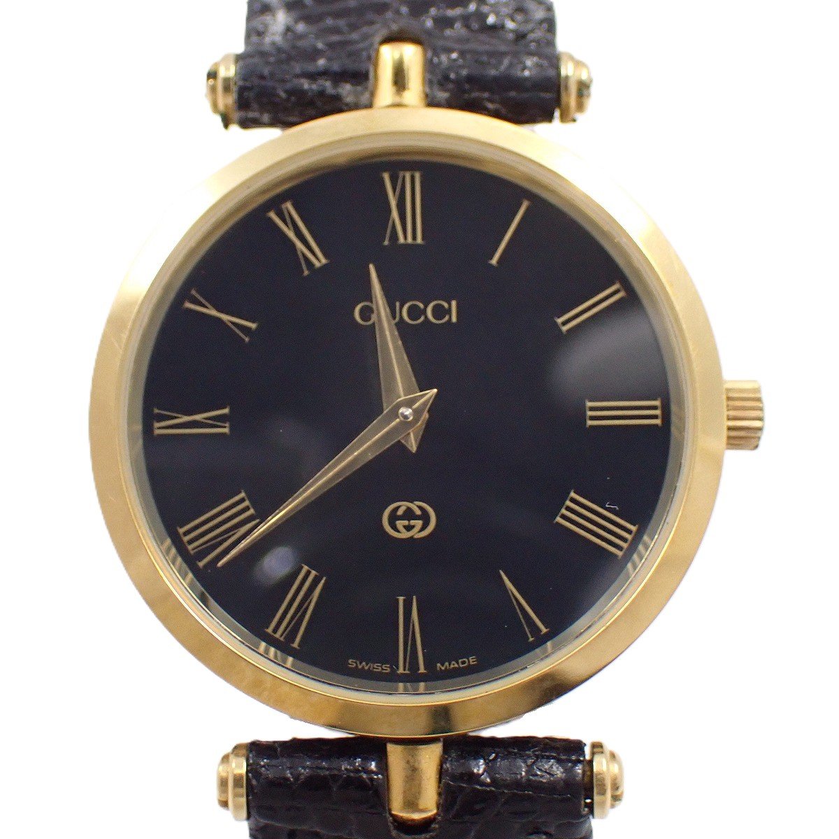 【中古】グッチ GQ2000 ラウンド型ケース クォーツ メンズ 腕時計 ブラック×ゴールド 純正革ベルト【いおき質店】