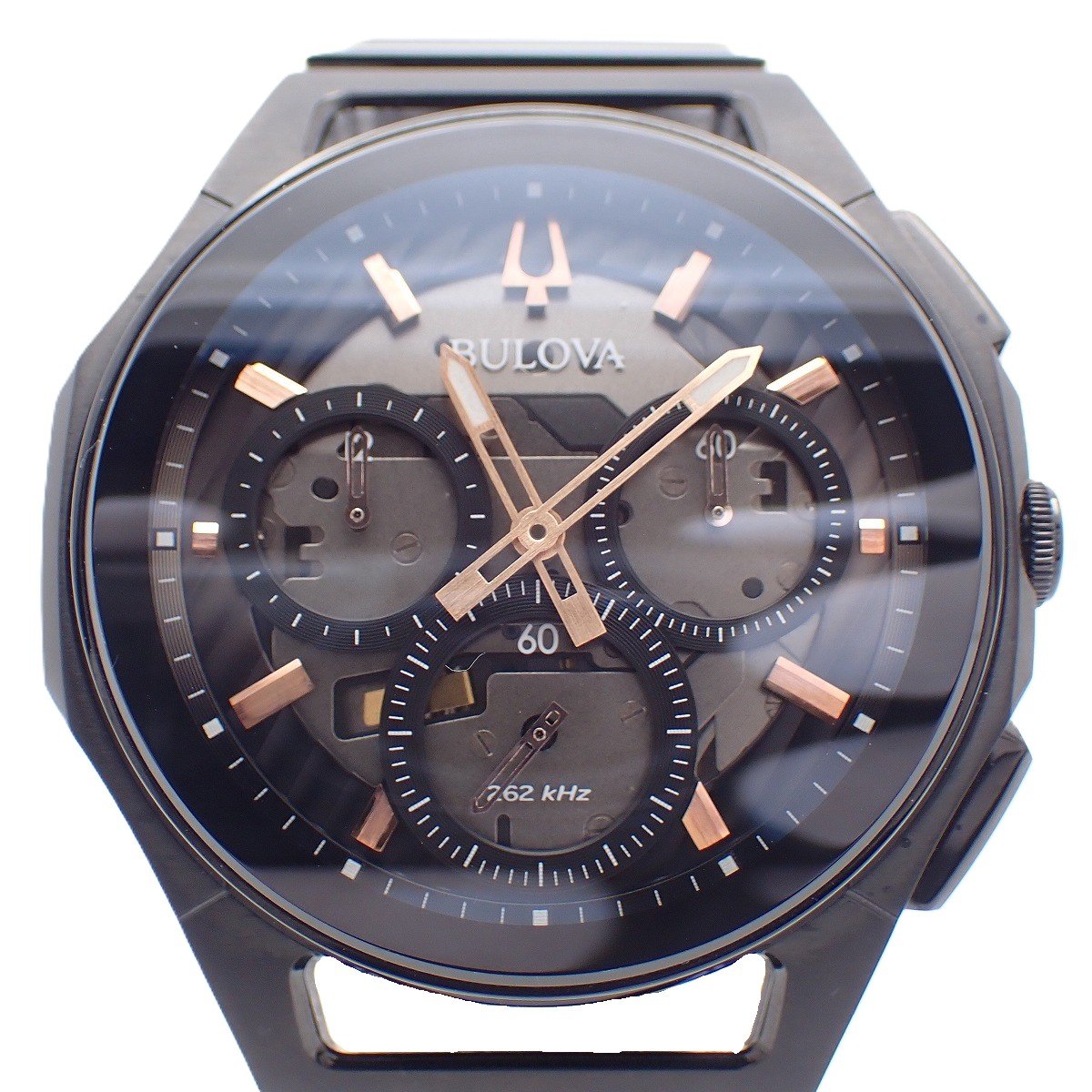 Rakuten - 【中古】【美品】BULOVA ブローバ カーブ クロノグラフ クォーツ メンズ 腕時計 ブラック スケルトン文字盤 純正ベルト 98A207【いおき質店】