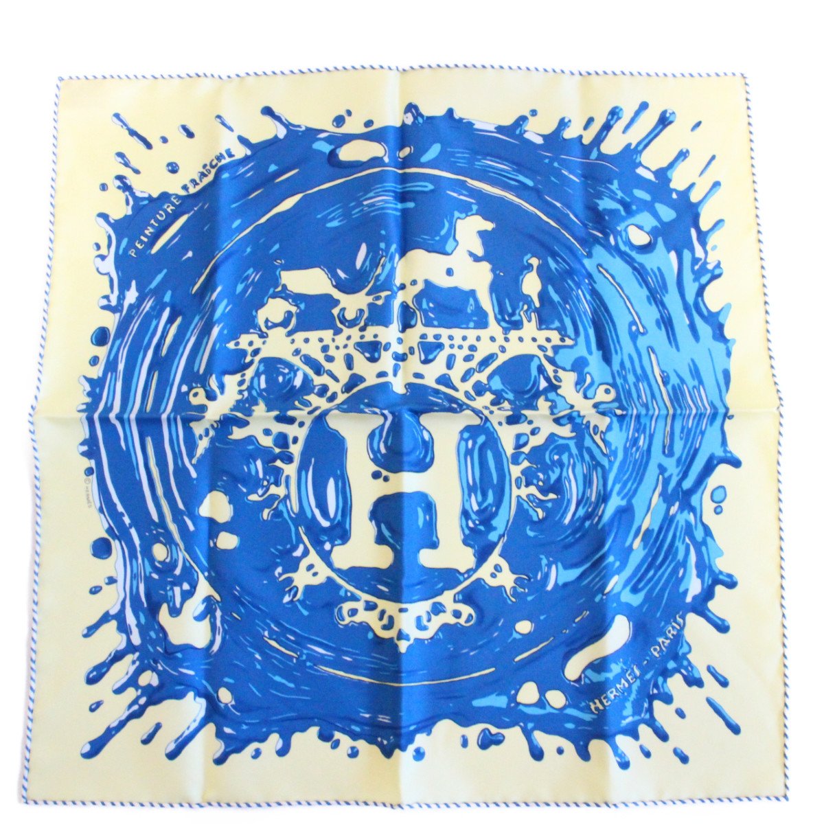 【中古】【美品】HERMES エルメス カレ プチカレ 45 スカーフ Peinture Fraiche ペンキ塗りたて イエロー×ブルー系 シルク100％【いおき質店】