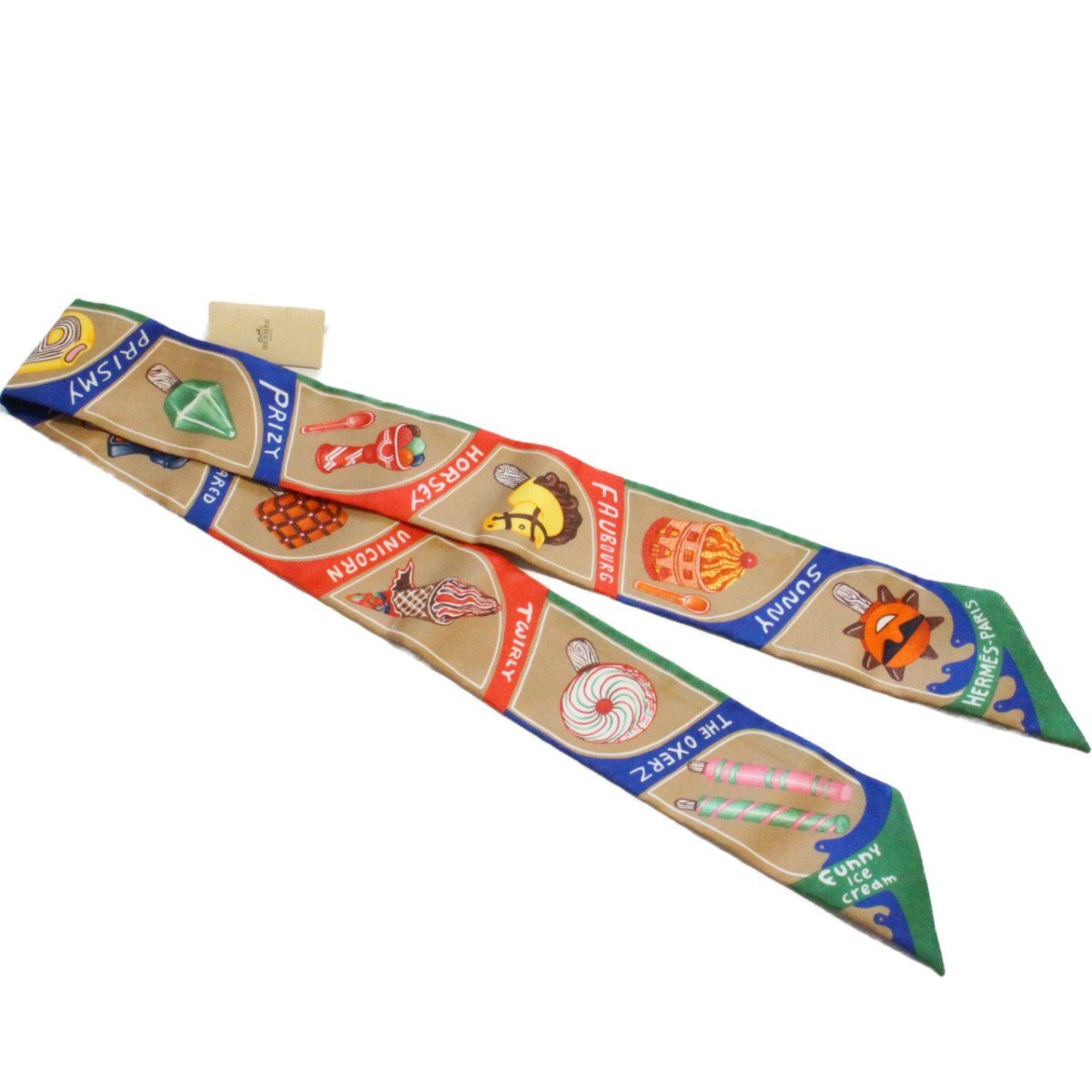 【中古】HERMES エルメス ツイリー FUNNY ICE CREAM シルク100％ ベージュ系【いおき質店】のサムネイル