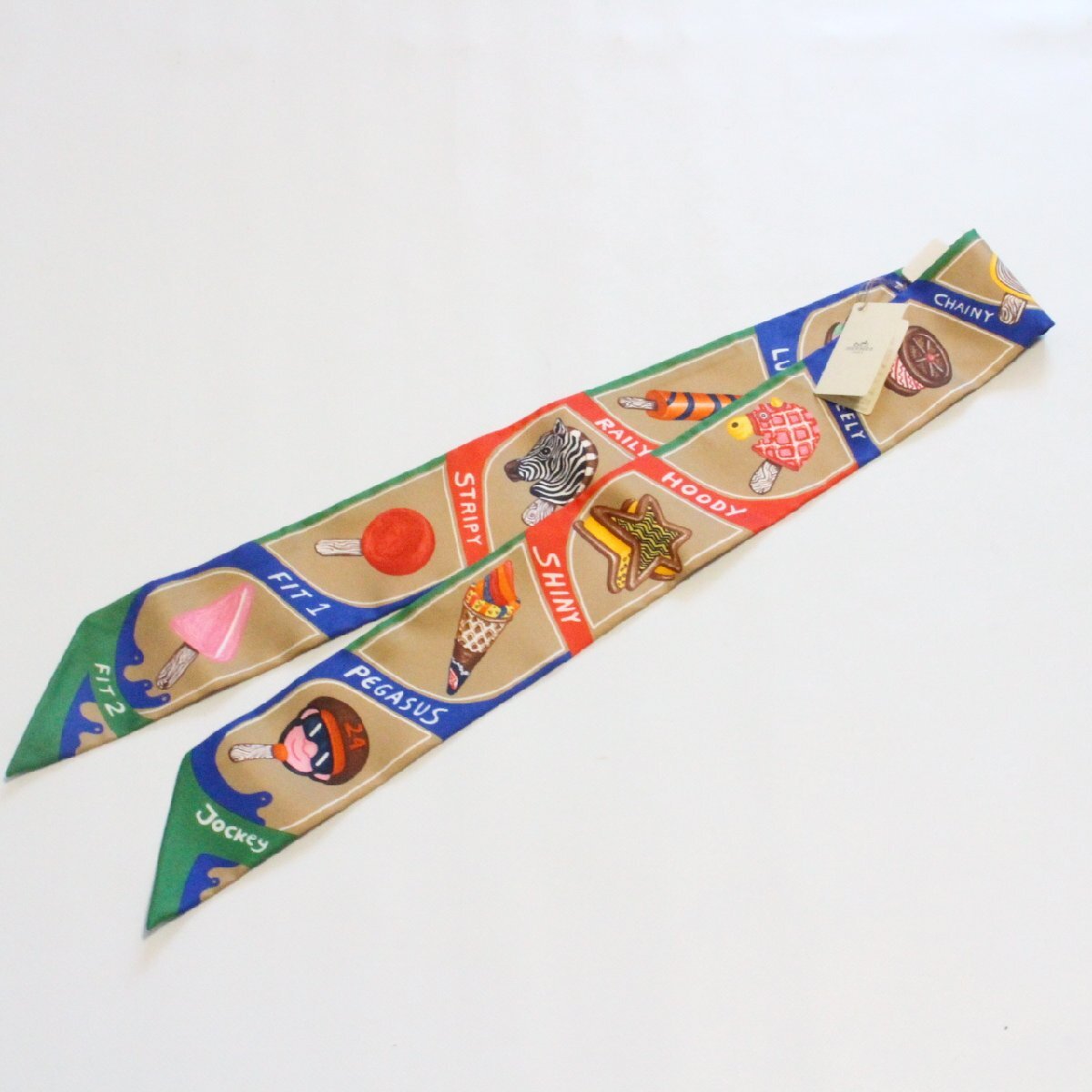 【中古】HERMES エルメス ツイリー FUNNY ICE CREAM シルク100％ ベージュ系【いおき質店】