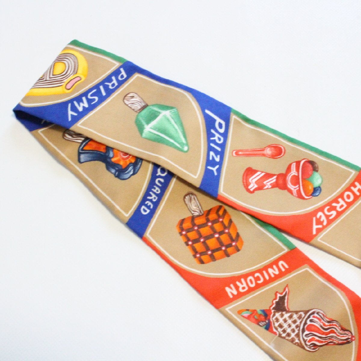【中古】HERMES エルメス ツイリー FUNNY ICE CREAM シルク100％ ベージュ系【いおき質店】