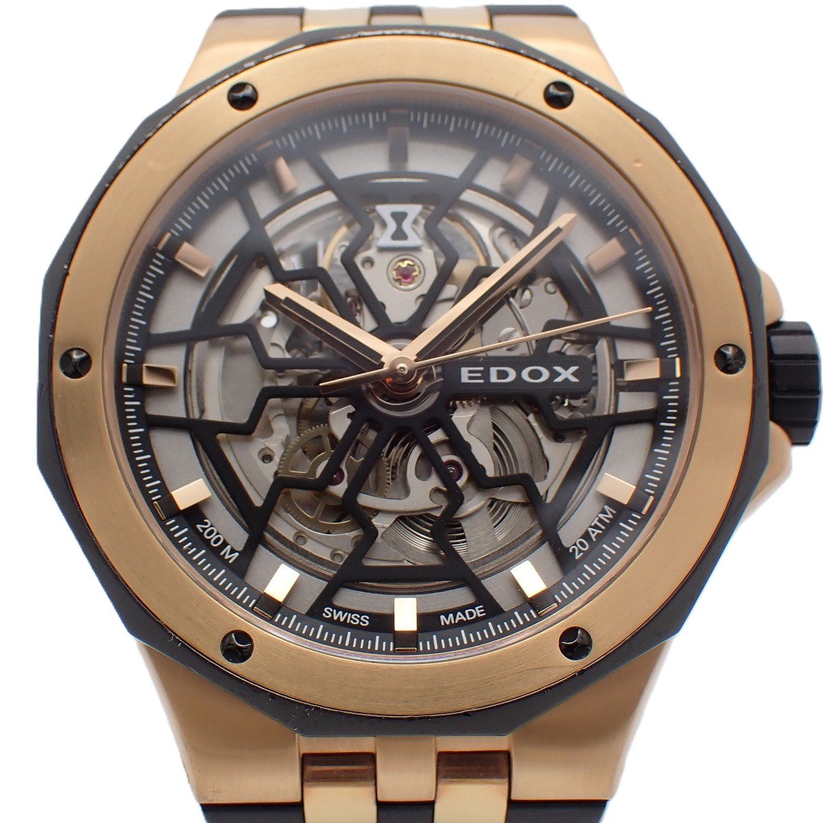 【中古】EDOX エドックス デルフィン メカノ 自動巻き メンズ 腕時計 PGメッキ×ブラック スケルトン 85303-357RN-NRN【いおき質店】