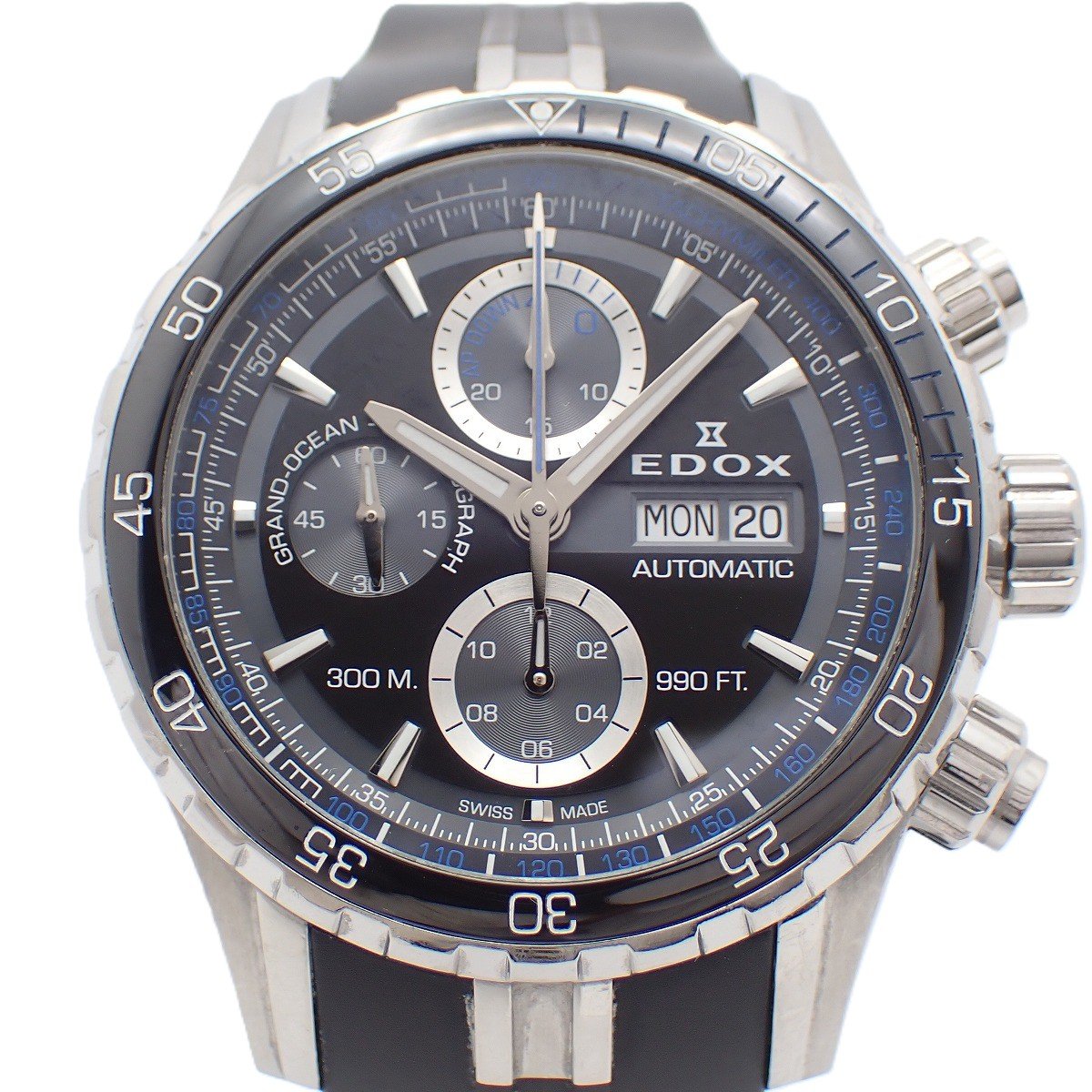 LANCASTER - 【中古】EDOX エドックス グランドオーシャン クロノグラフ 自動巻き メンズ 腕時計 デイデイト 黒文字盤 純正ラバーベルト 01123【いおき質店】