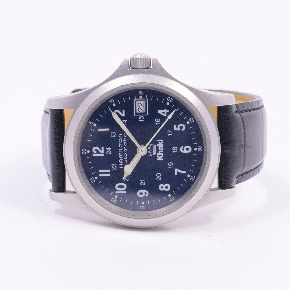 【中古】ハミルトン カーキ キング 自動巻き メンズ 腕時計 王冠マーク入り青文字盤 裏スケ 社外ベルト 9823【いおき質店】