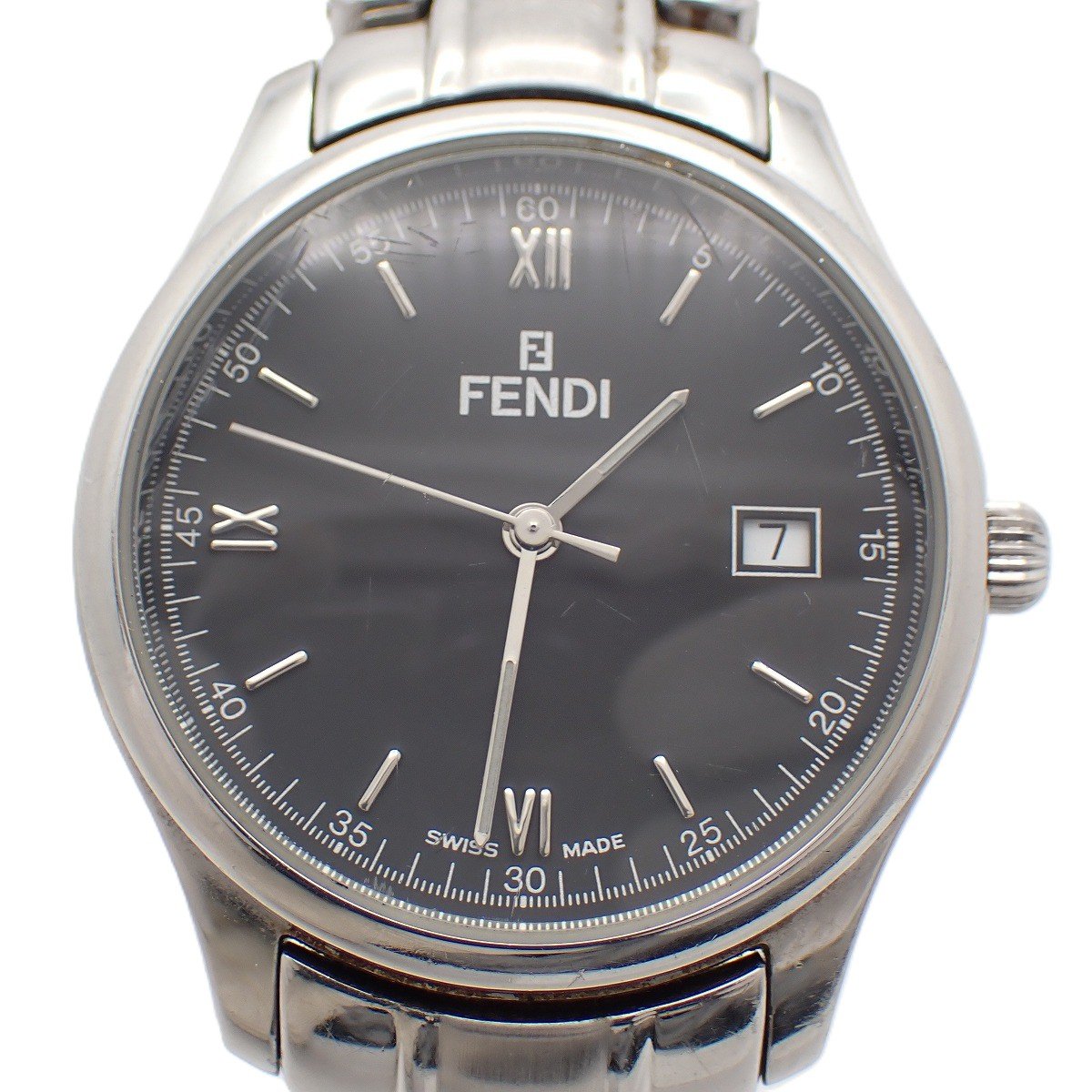 FENDI - 【中古】フェンディ 210G ラウンド型 クォーツ メンズ 腕時計 黒文字盤 純正SSベルト【いおき質店】