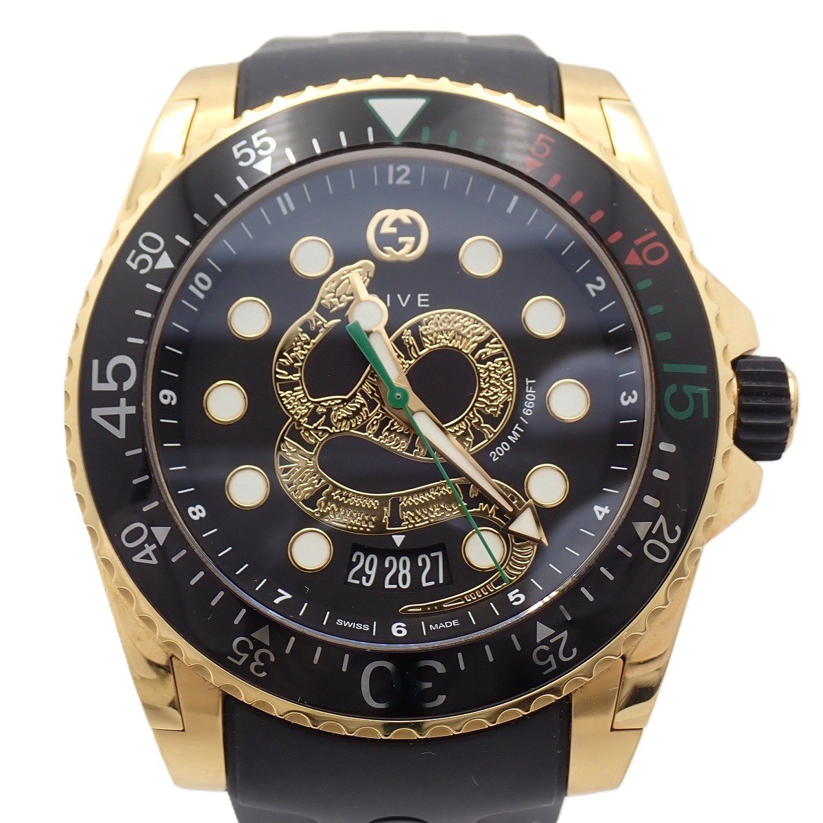 【中古】グッチ 136.2 ダイヴ 200M防水 クォーツ メンズ 腕時計 ゴールドGP スネーク黒文字盤 純正ラバーベルト【いおき質店】