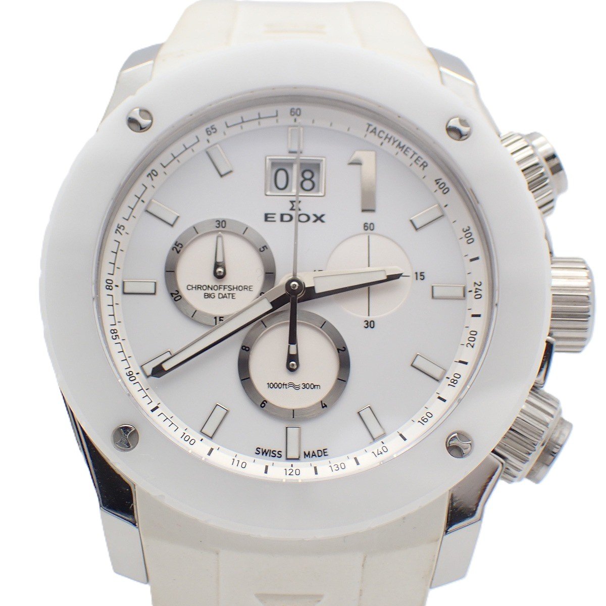 【中古】EDOX エドックス クラスワン クロノオフショア ビッグデイト クォーツ メンズ 腕時計 ホワイト 純正ラバーベルト 10020【いおき質店】