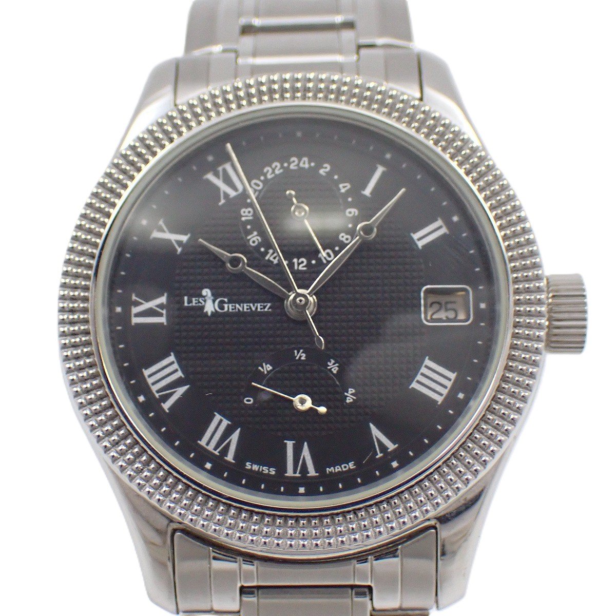 Rakuten - 【中古】LES GENEVEZ レ・ジェネヴェ GMT パワーリザーブ 自動巻き メンズ 腕時計 黒文字盤 裏スケ 純正SSベルト 81003【いおき質店】