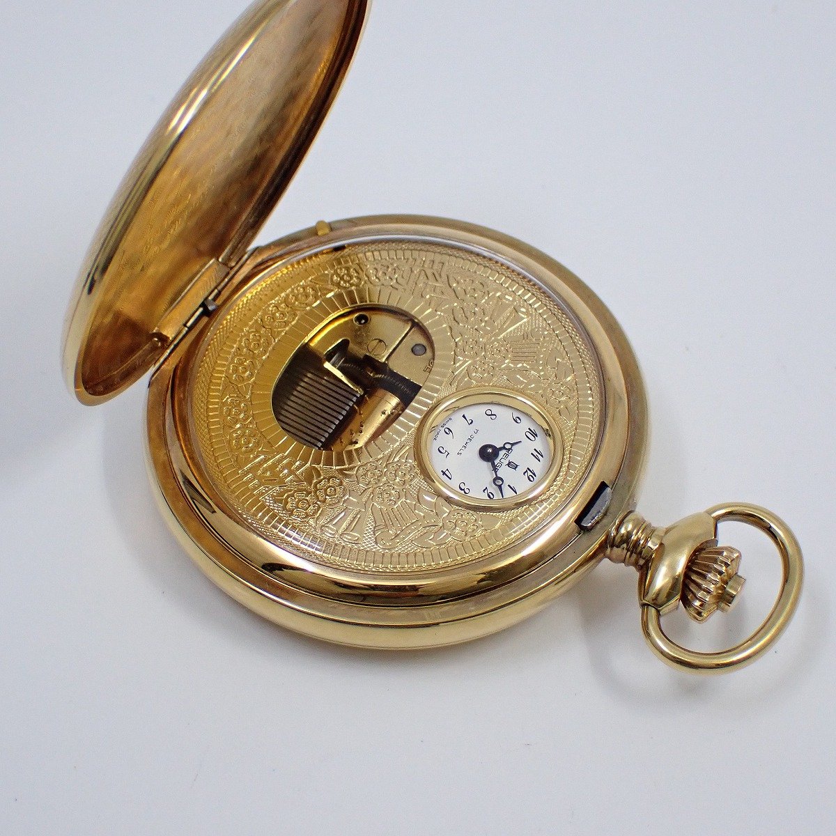 【中古】REUGE MUSIC リュージュ オルゴール付 手巻き 懐中時計 ハンターケース ゴールドGP 白文字盤【いおき質店】