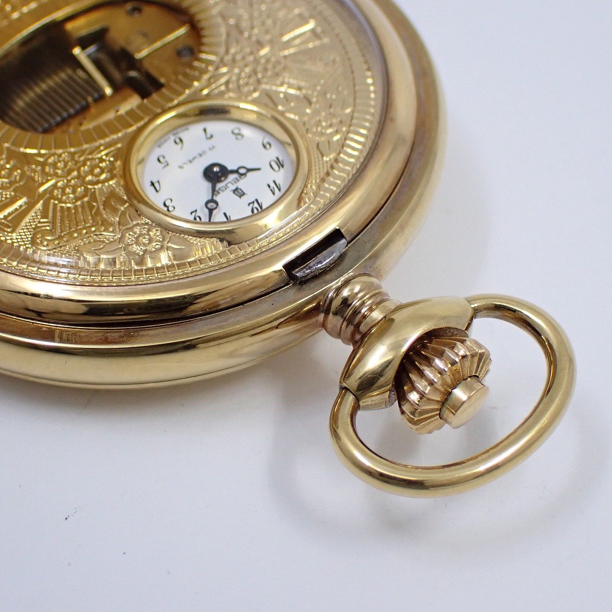 【中古】REUGE MUSIC リュージュ オルゴール付 手巻き 懐中時計 ハンターケース ゴールドGP 白文字盤【いおき質店】