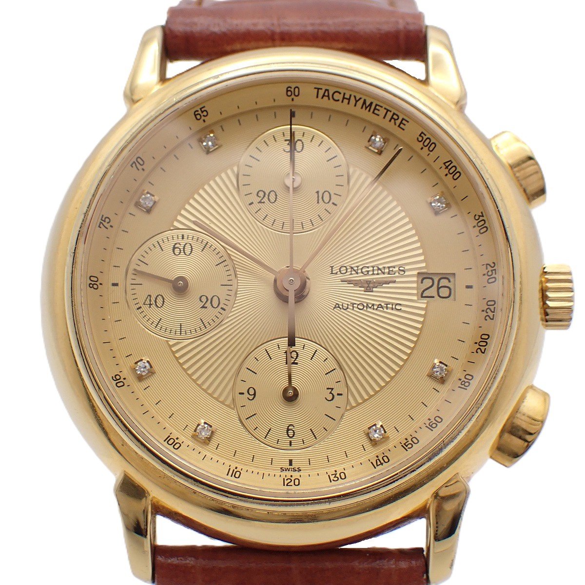 【中古】ロンジン 125周年モデル クロノグラフ 自動巻き メンズ 腕時計 ゴールドGP 8Pダイヤ入り文字盤 社外ベルト L4.765.2【いおき質店】