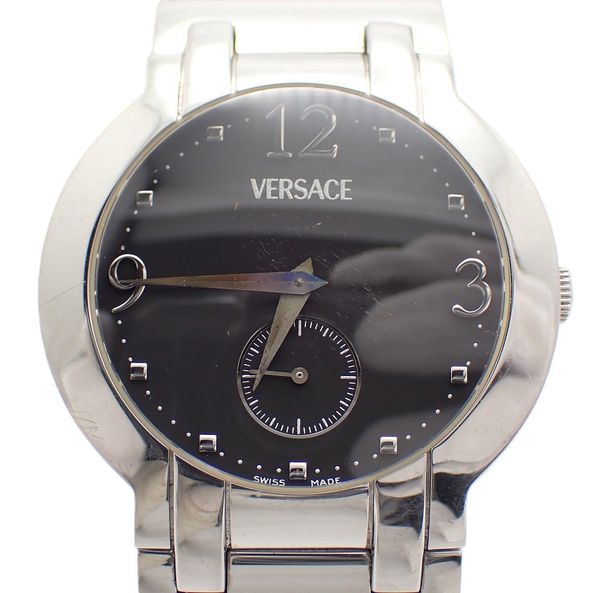 VERSACE - 【中古】【訳あり品】ヴェルサーチ スモールセコンド クォーツ メンズ 腕時計 黒文字盤 社外ベルト BLQ99【いおき質店】