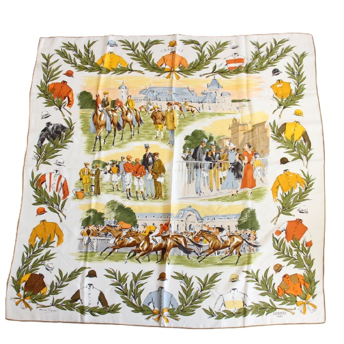 【中古】HERMES エルメス カレ 90 スカーフ CHANTILLY 競馬場 シルク100％ ベージュ系【いおき質店】