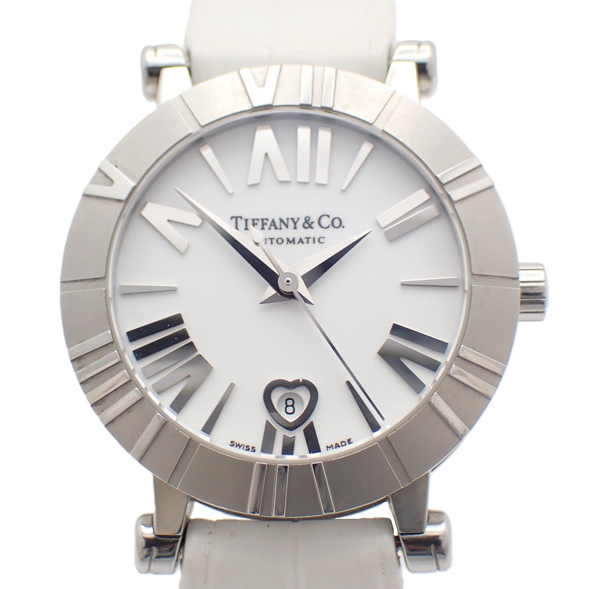 TIFFANY - 【中古】ティファニー アトラス デイト 自動巻き レディース 腕時計 白文字盤 白セラミック×SS 純正革ベルト Z1300.68.11A20A71A【いおき質店】