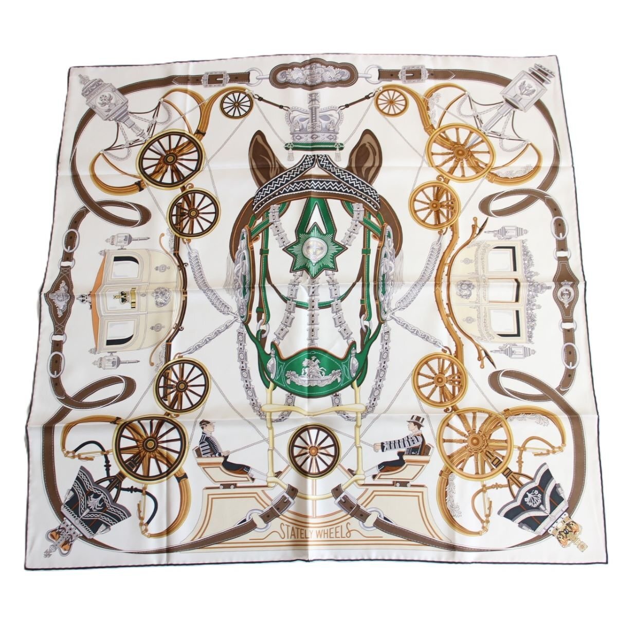 【中古】HERMES エルメス カレ 90 スカーフ ステイトリ―・ホイールズ シルク100％ ベージュ系【いおき質店】のサムネイル