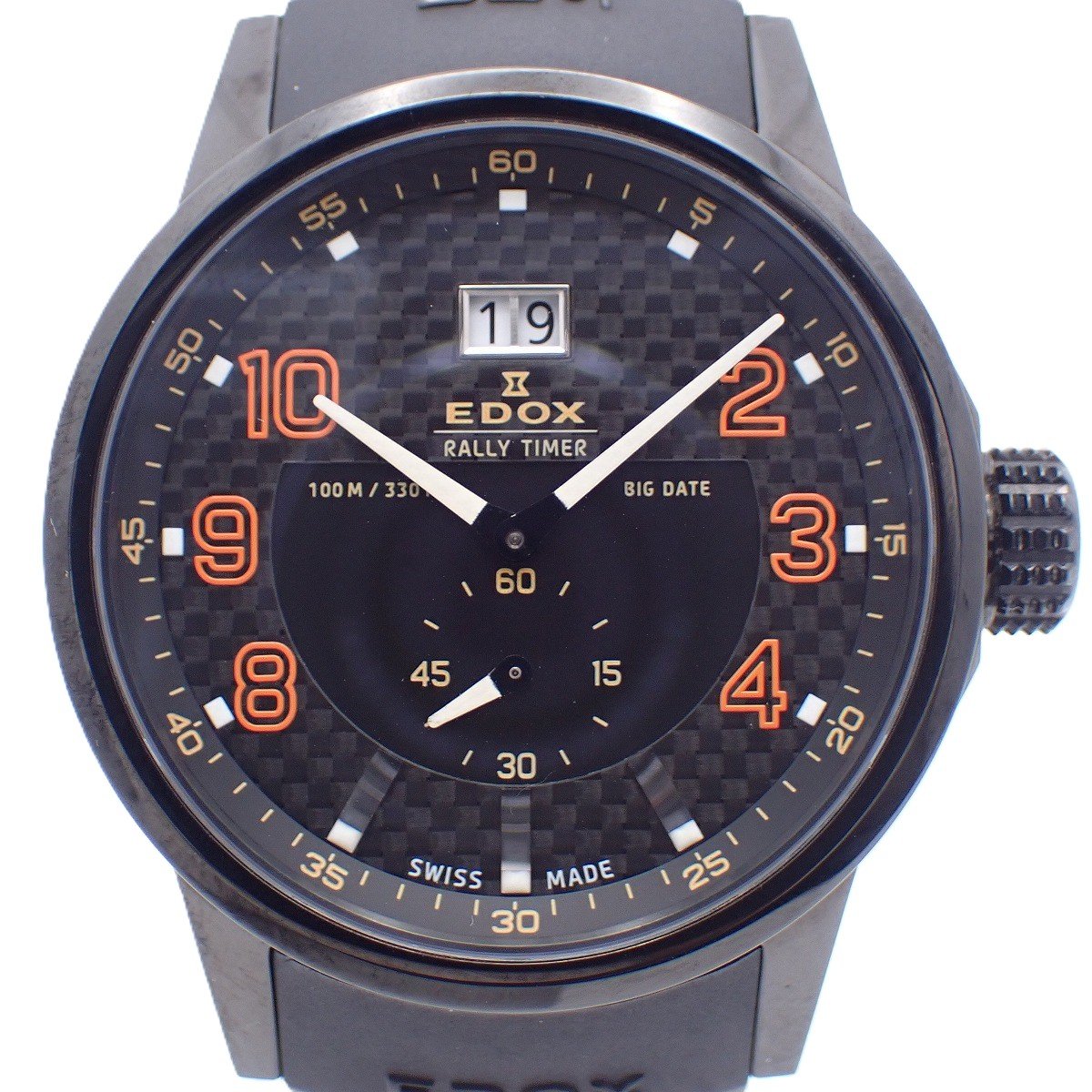 Rakuten - 【中古】EDOX エドックス ラリータイマー クォーツ メンズ 腕時計 ビッグデイト カーボン文字盤 純正ラバーベルト 64008【いおき質店】