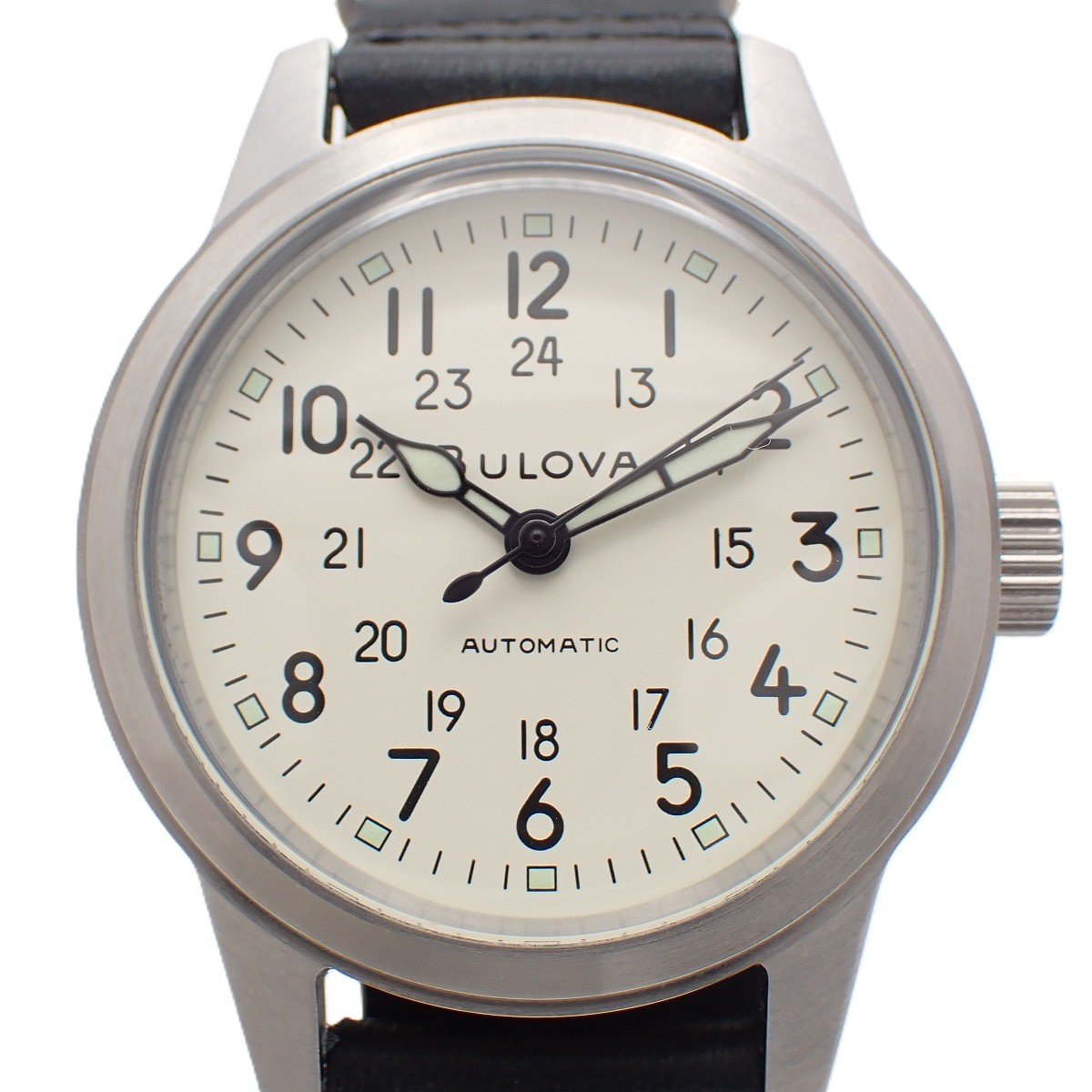 Rakuten - 【中古】【美品】BULOVA ブローバ ミリタリー 自動巻き メンズ 腕時計 白文字盤 純正革ベルト 96A246【いおき質店】