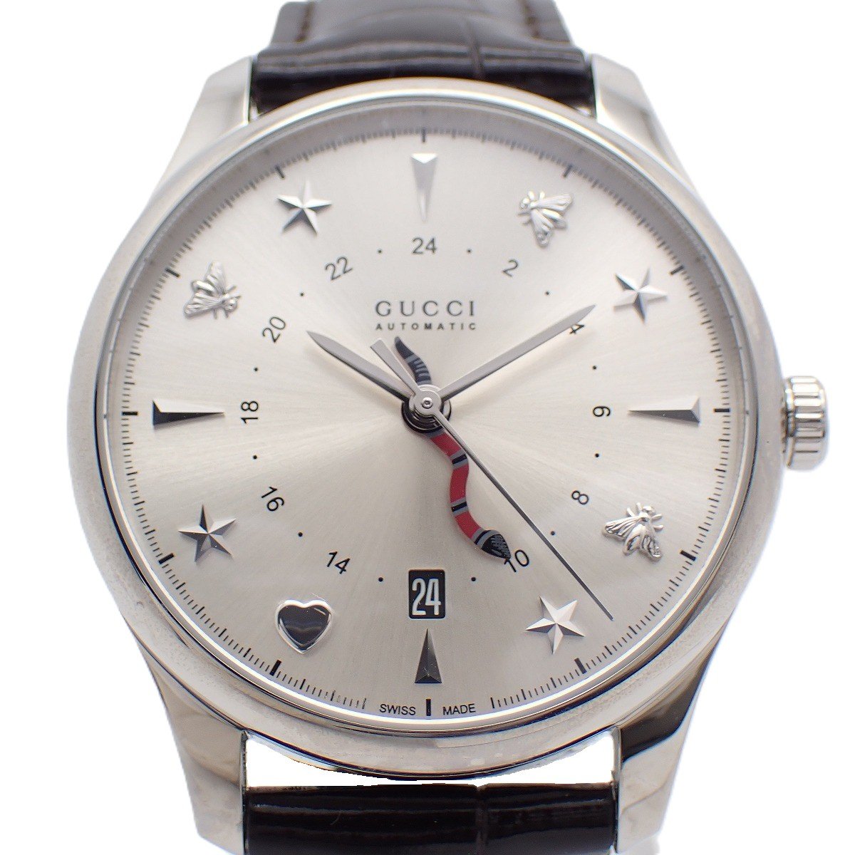 【中古】【美品】グッチ 126.3 Gタイムレス GMT 自動巻き メンズ 腕時計 シルバー文字盤 純正革ベルト YA126332【いおき質店】