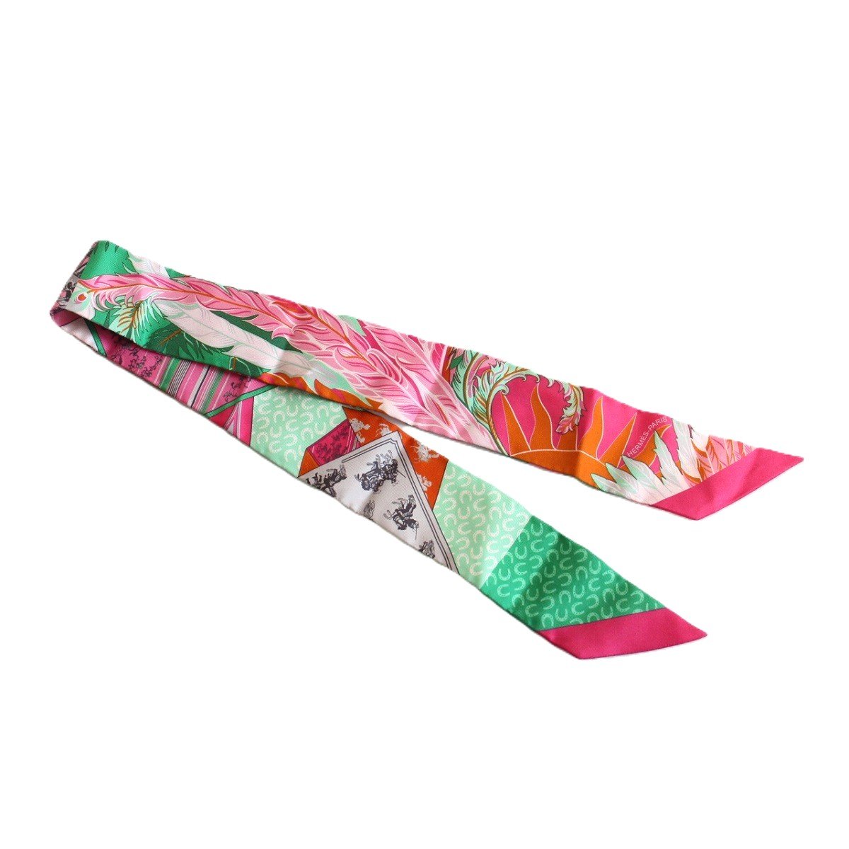 【中古】HERMES エルメス ツイリー 馬と不死鳥 シルク100％ ピンク×グリーン系【いおき質店】