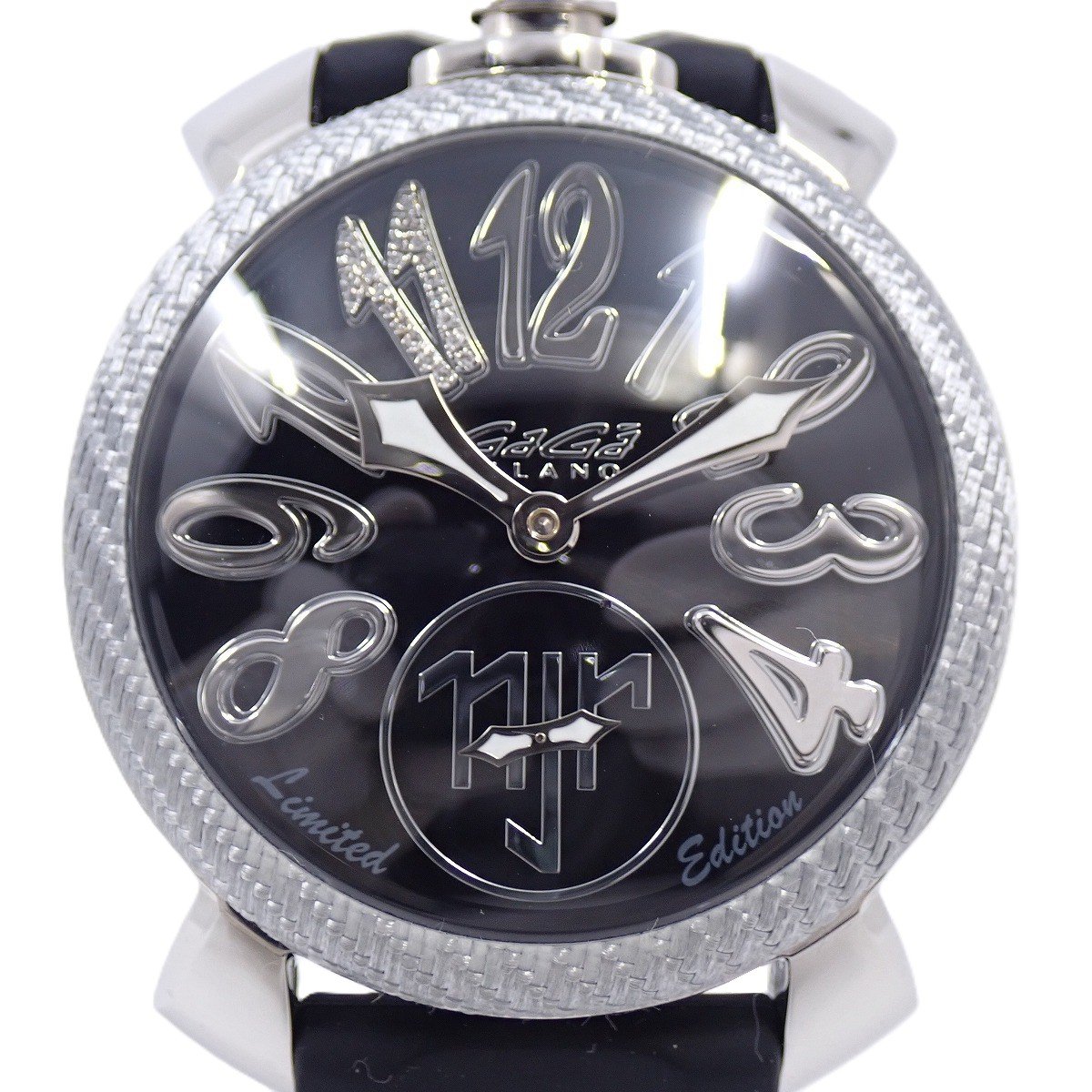 【中古】ガガミラノ マニュアーレ48 ネイマールモデル 500本限定 手巻き メンズ 腕時計 黒文字盤 純正..