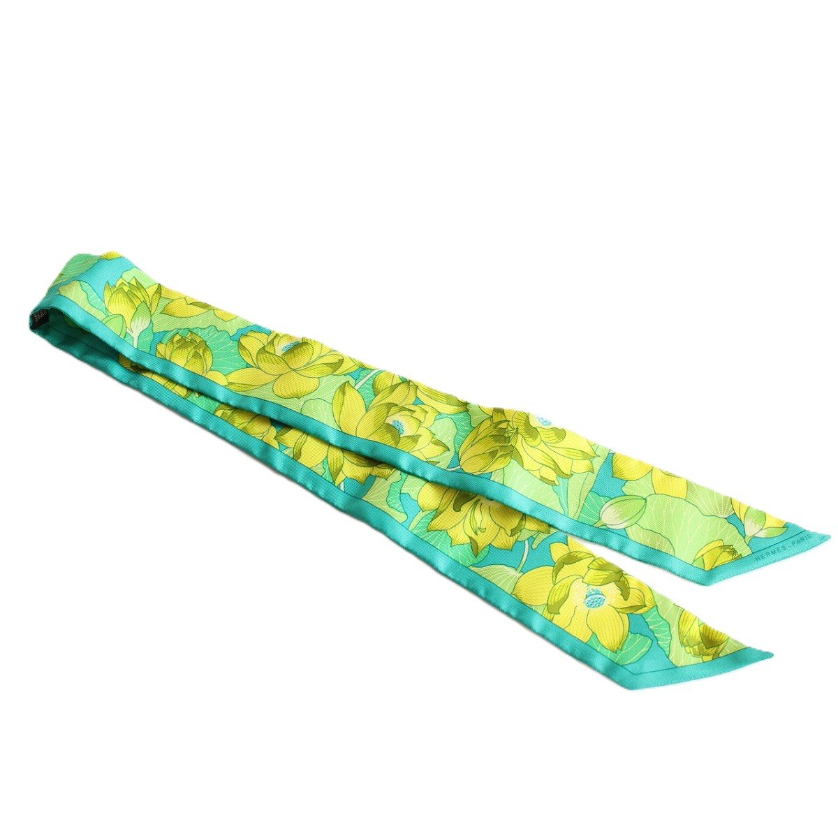 【中古】HERMES エルメス ツイリー 蓮の花 シルク100％ グリーン系【いおき質店】