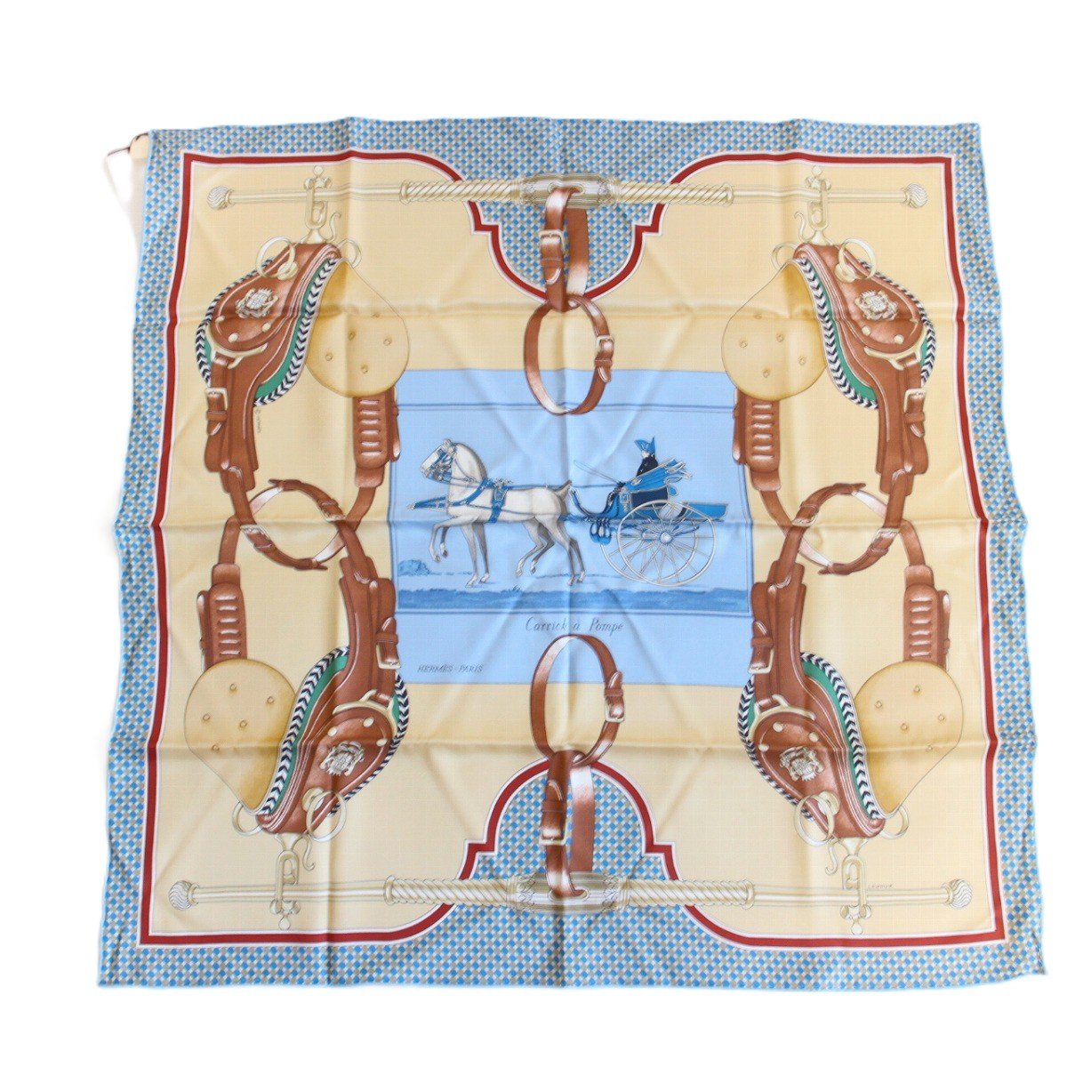 Rakuten - 【中古】HERMES エルメス カレ 70 スカーフ CARRICK A POMPE 馬具柄 シルク100％ ブルー×ベージュ系【いおき質店】