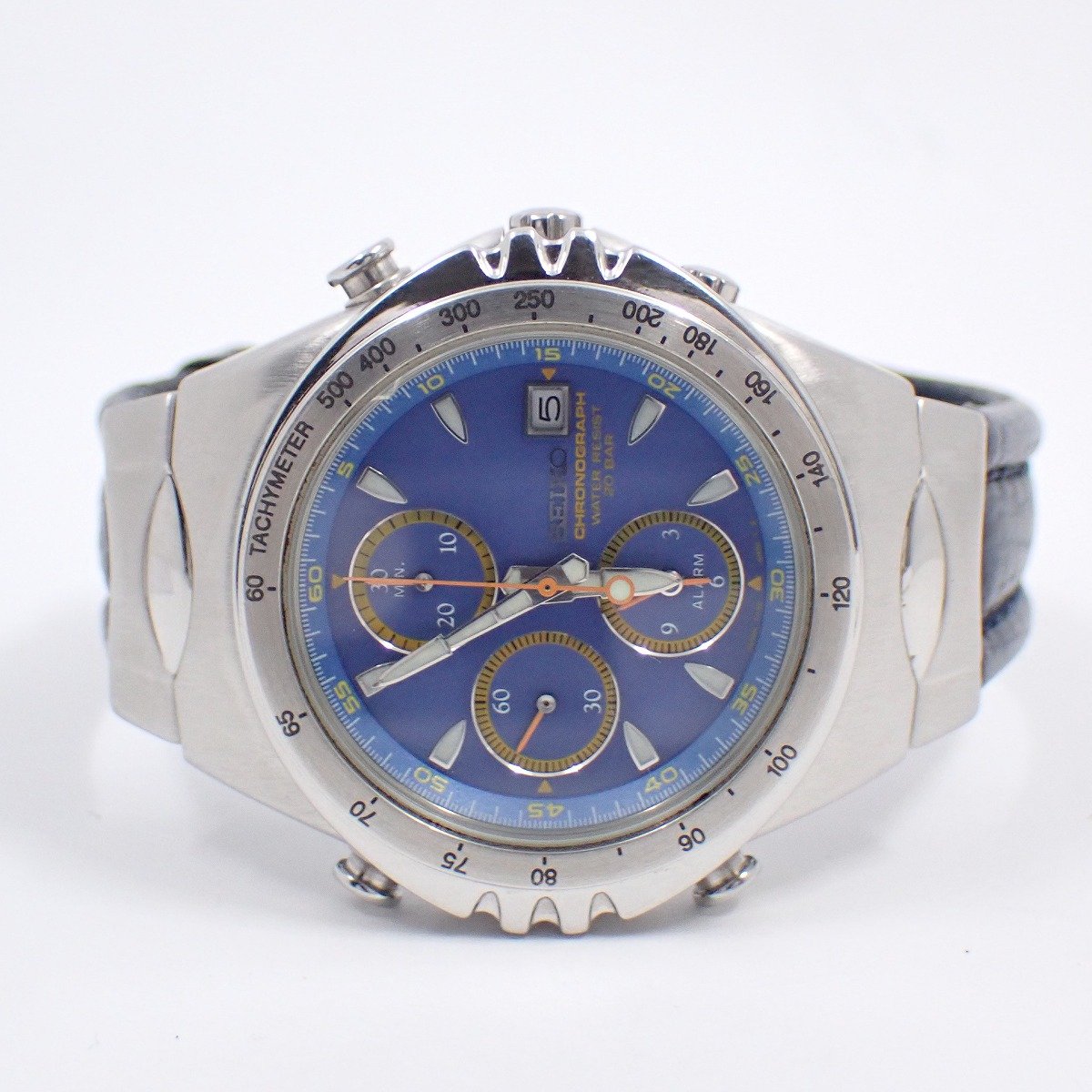 【中古】SEIKO セイコー マッキナ・スポルティーバ クロノグラフ アラーム クォーツ メンズ 腕時計 青文字盤 純正革ベルト 7T32-6J00【いおき質店】