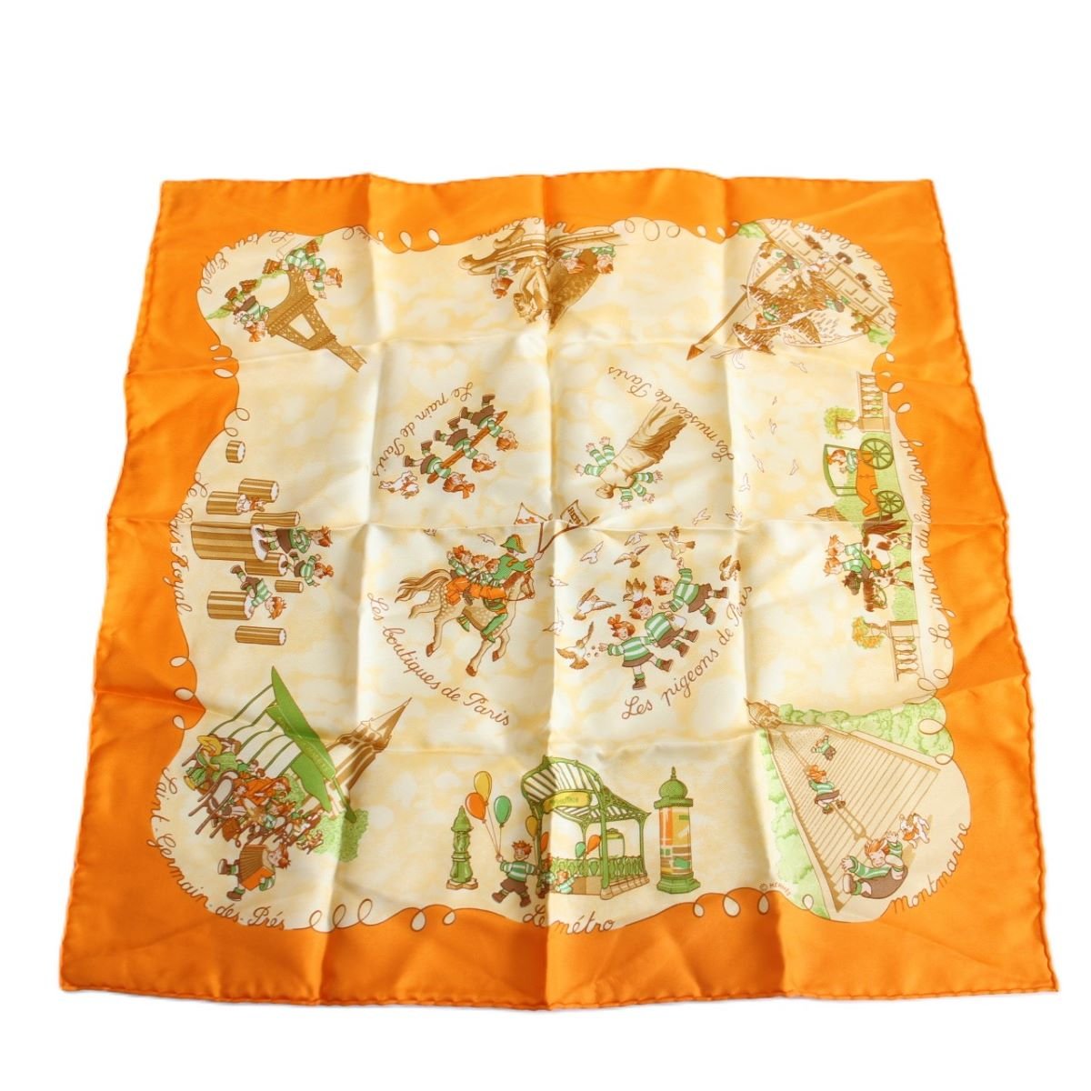 【中古】HERMES エルメス カレ 45 ガヴロッシュ スカーフ Les Triples いたずら三つ子 シルク100％ オレンジ系【いおき質店】のサムネイル