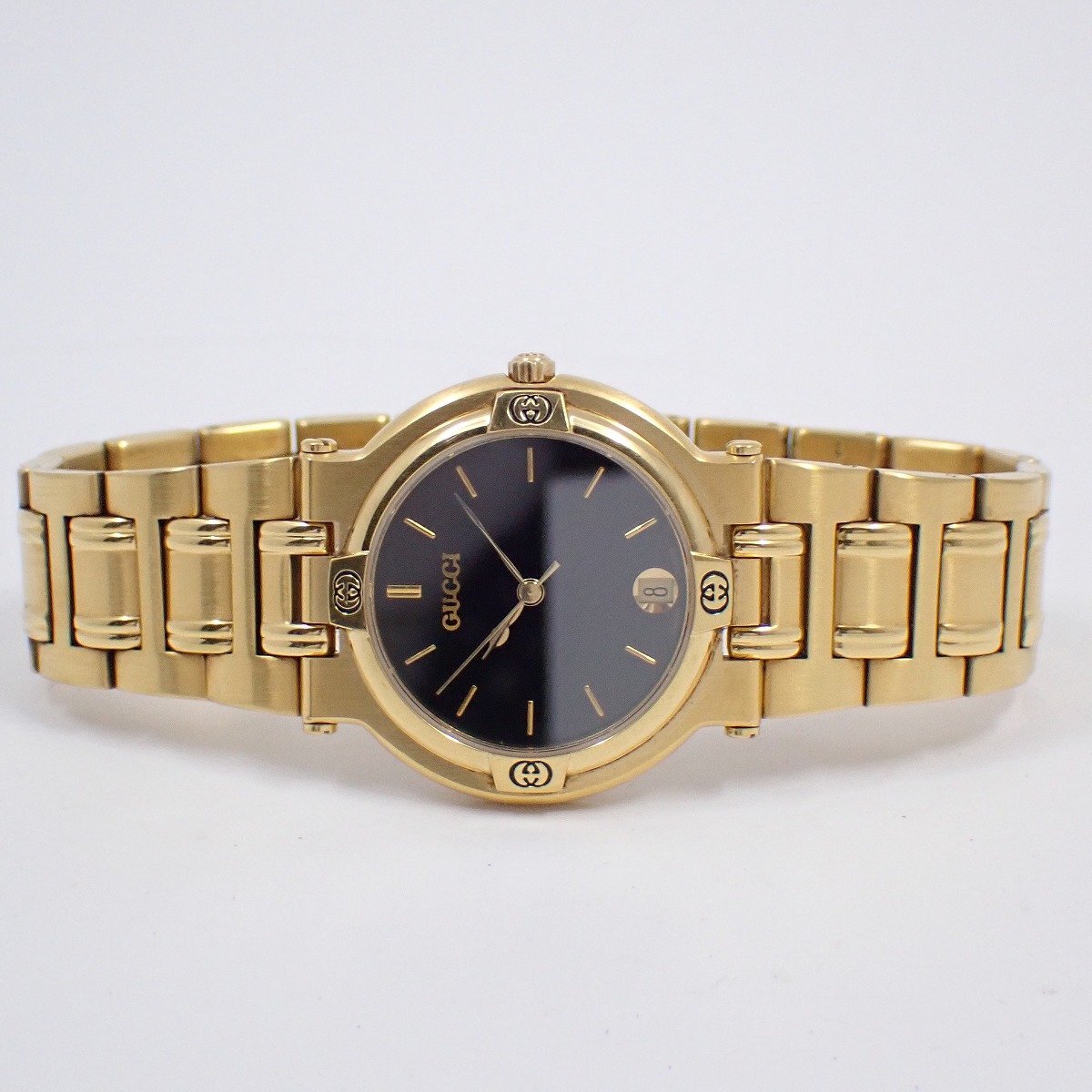 【中古】グッチ 9200M クォーツ メンズ 腕時計 ゴールドGP 黒文字盤 純正ベルト・観音バックル【いおき質店】