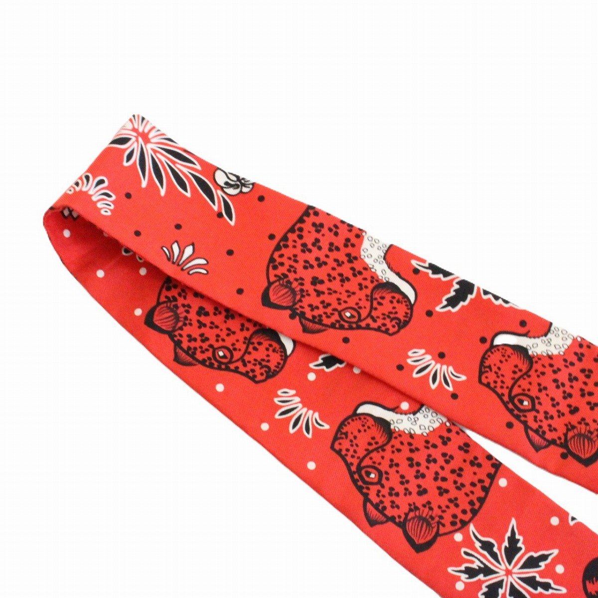 【中古】HERMES エルメス ツイリー レオパード・バンダナ レッド系 シルク100％【いおき質店】