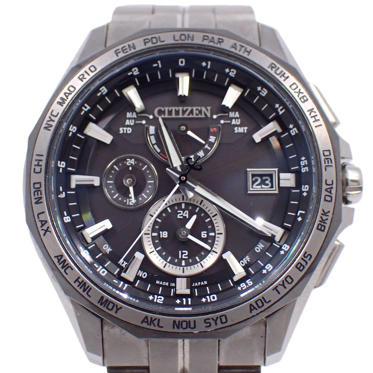 【中古】シチズン アテッサ エコドライブ電波 ダブルダイレクトフライト メンズ 腕時計 チタン 黒文字盤 AT9096-57E【いおき質店】