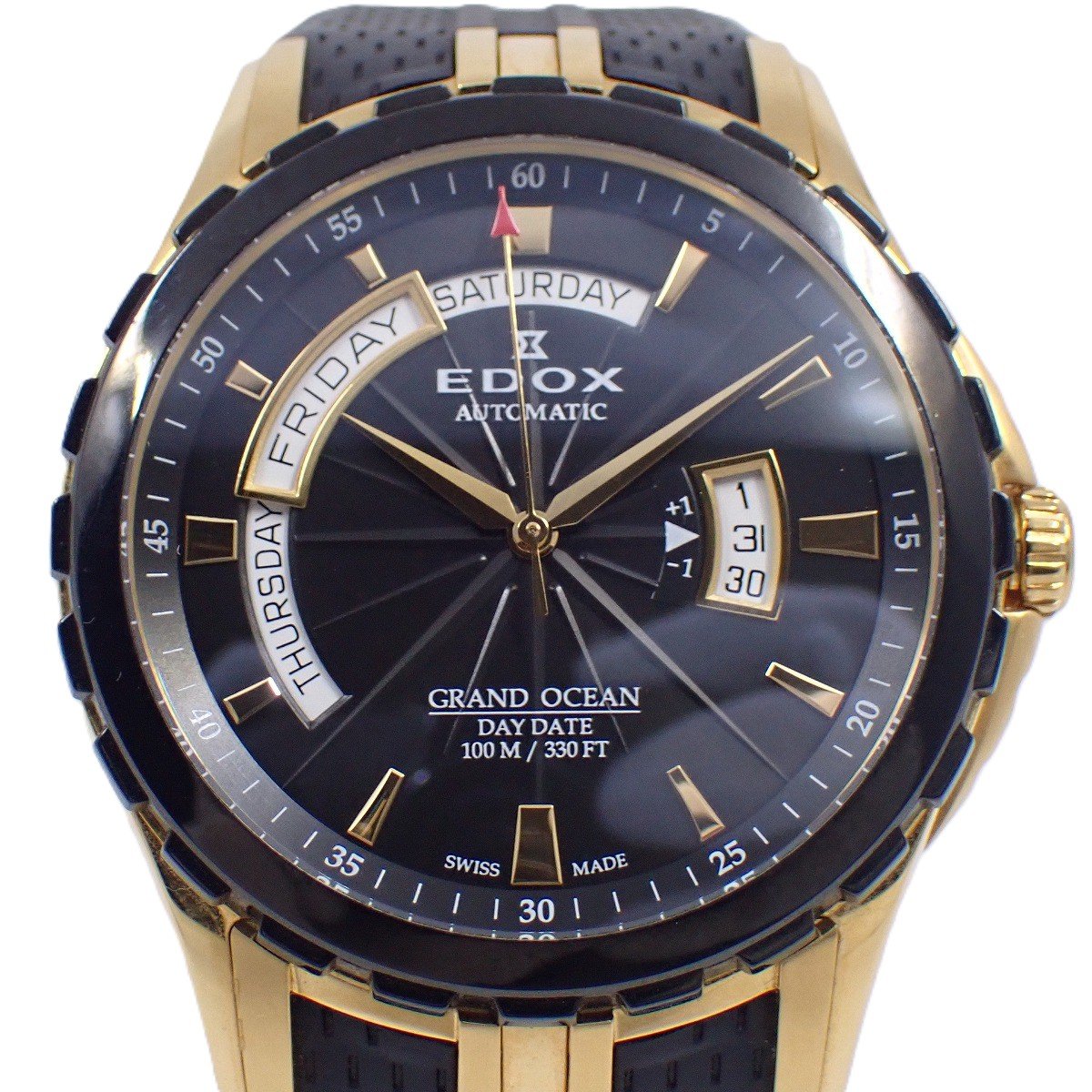 【中古】EDOX エドックス グランドオーシャン デイデイト 自動巻き メンズ 腕時計 ゴールドGP 黒文字盤..