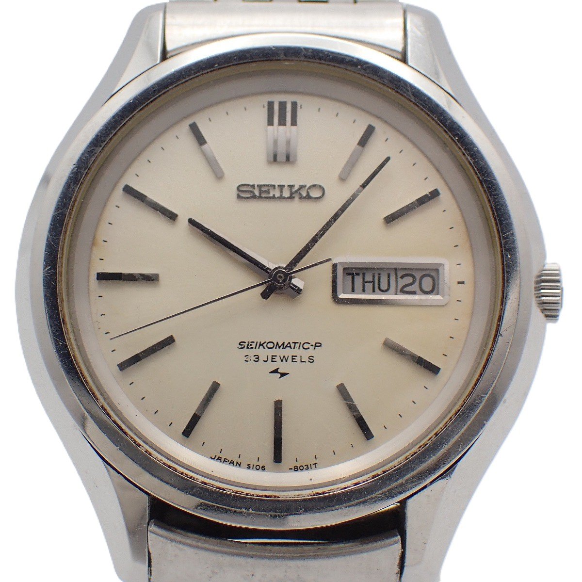 【中古】SEIKO セイコー SEIKOMATIC-P 自動巻き メンズ 腕時計 デイデイト シルバー文字盤 社外ベルト 5106-8020【いおき質店】