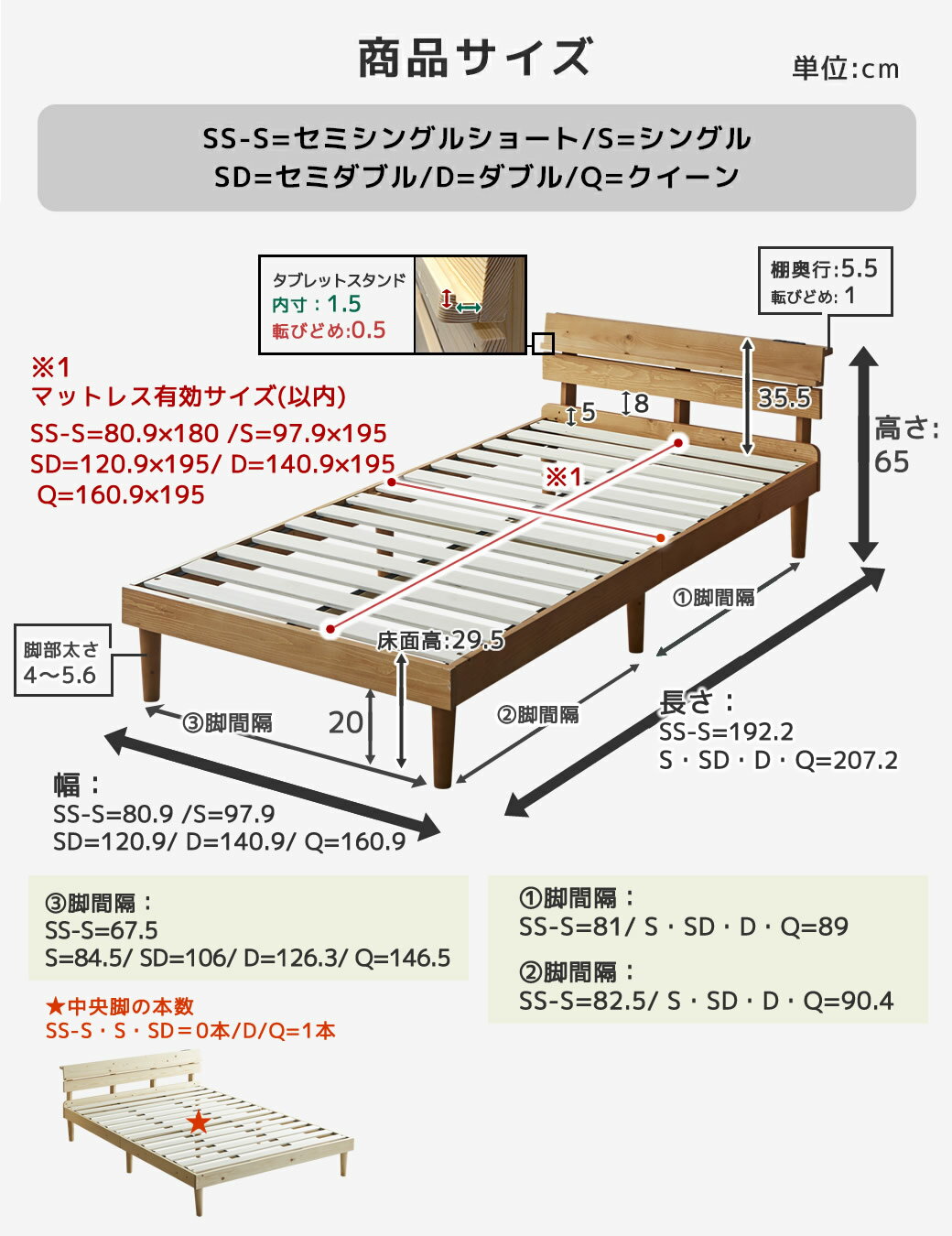 トリア ベッド 棚コンセント付き すのこベッド ベッドフレーム マットレス付き セミシングルショート シングル セミダブル ダブル クイーン タブレットスタンド 木製 天然木 すのこ 頑丈 低ホルムアルデヒド 宮付きベッド 一人暮らし 3