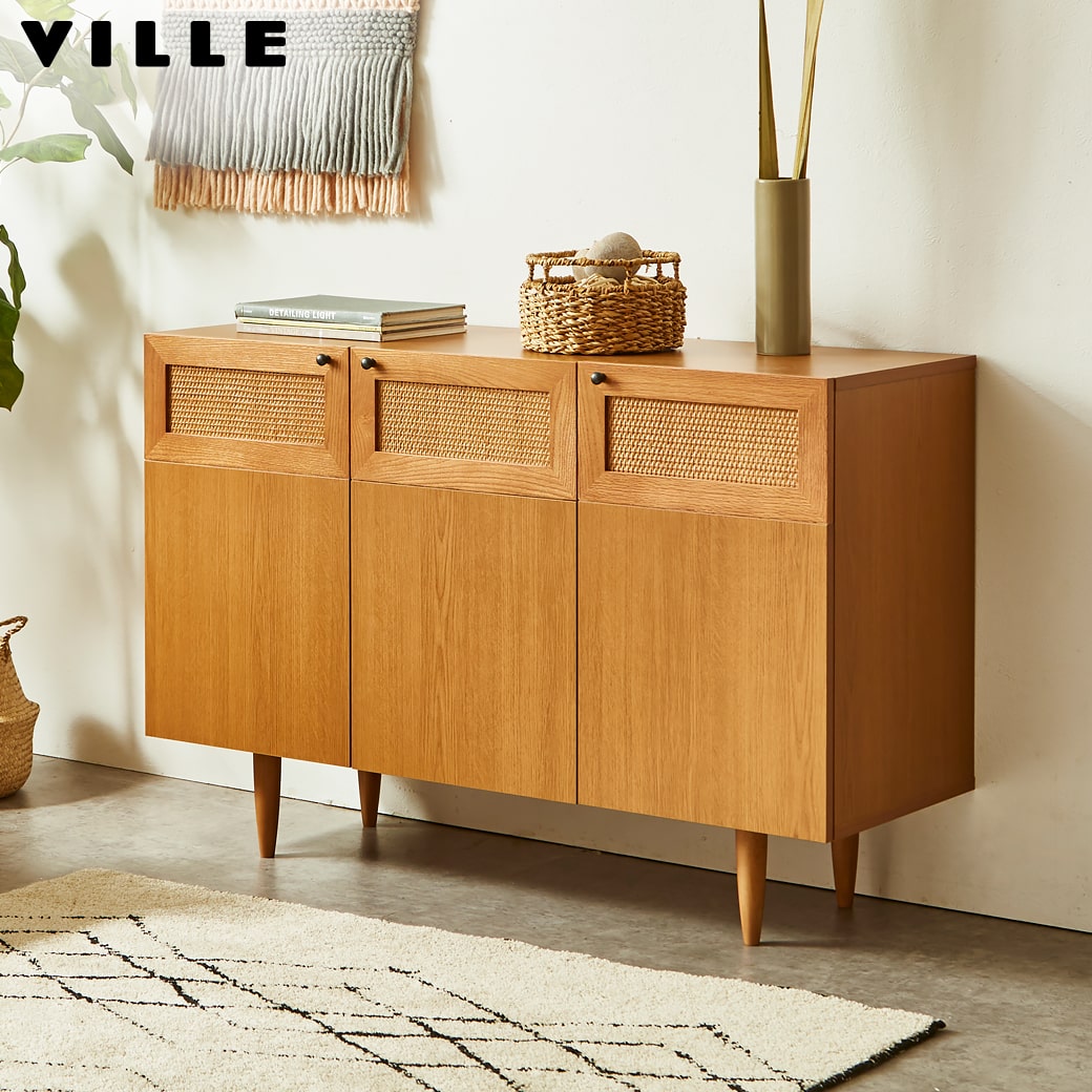 【ポイント10倍★10日23:59まで】 ビレ キャビネット サイドボード ラタン 幅120cm 高さ80cm 木製 扉式 可動棚 配線穴 背面化粧仕上げ 収納棚 シェルフ リビング収納 ナチュラルヴィンテージ 北欧 おしゃれ 一人暮らし 夫婦 カップル