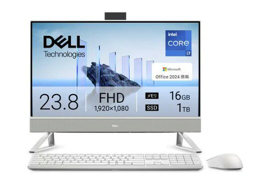 Dell 24 AD67-FNWHB 23.8インチ Core i7 1355U SSD：1TB メモリ容量16GB マイクロソフト2024搭載 顔認証 Windows 11 外付けDVD±RWドライブ同梱 パールホワイト