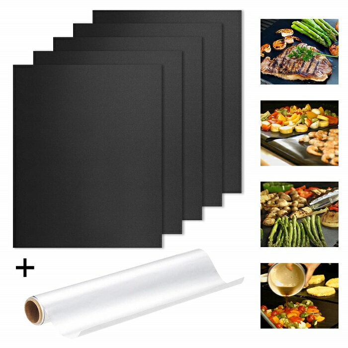 【5枚セット】【極厚アルミホイル付き】 グリルマット バーベキューグリルシート BBQシート 超耐熱 繰り返す使える バーベキューグリルマット 40x33cm 全国送料無料のサムネイル