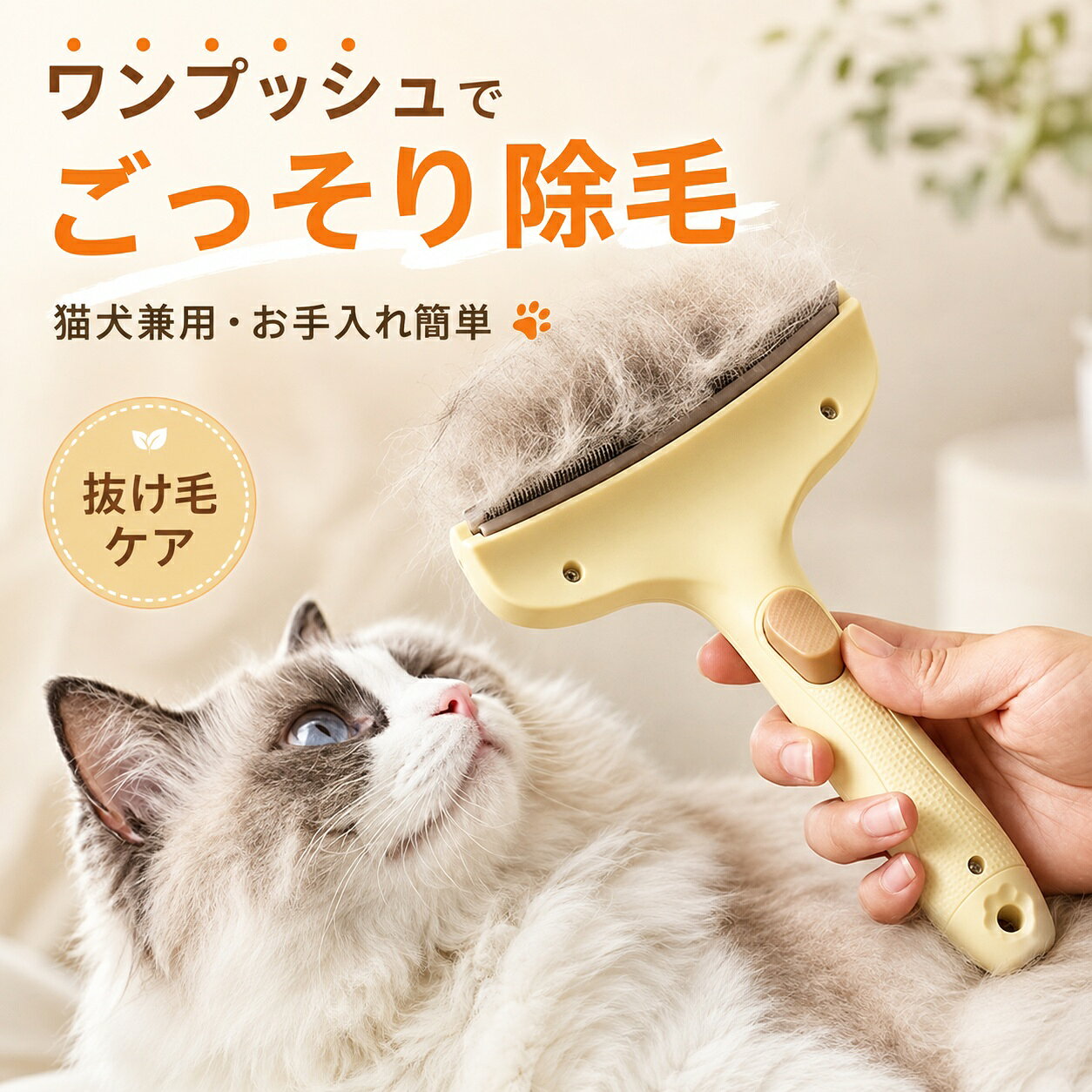 【商品紹介】 毎日のブラッシングをもっと手軽に。 犬・猫どちらにも使える、ワンプッシュ式ペット用抜け毛ブラシです。 細かなステンレス製ピンが被毛の間に入り込み、ブラッシングしながら抜け毛やもつれた毛をすっきり整えます。 ブラシにたまった毛は、ボタンを押すだけでまとめて取り外せるため、お手入れ後の掃除も簡単。 普段の抜け毛ケアはもちろん、換毛期のお手入れや毛玉対策など、毎日のグルーミングにおすすめです。 【ワンプッシュ式】ペットブラシ 猫 犬 犬猫兼用 スリッカーブラシ 抜け毛取りブラシ 抜け毛除去 ペット用ブラシ 猫ブラシ 犬ブラシ グルーミングブラシ ブラッシング 毛取り 毛玉ケア 痛くない お手入れ簡単 丸洗いペット用品 【ワンプッシュで抜け毛を簡単除去】 ブラッシング後、ブラシ部分にたまった毛は、ボタンをワンプッシュするだけで簡単に取り外し可能。 一本一本ブラシから毛を取り除く手間を減らし、毎日のお手入れをスムーズにサポートします。 ブラッシング → ボタンを押す → 毛を取り除く シンプルな3ステップで使用できます。 【抜け毛＆もつれをまとめてケア】 ブラッシングしながら、被毛に残った抜け毛やもつれた毛をキャッチ。 表面の毛を整えるだけでなく、被毛の内側にたまりやすい不要な毛のお手入れにも使いやすい設計です。 ・抜け毛ケア ・毛玉ケア ・もつれ毛のお手入れ ・換毛期のブラッシング ・毎日のグルーミング 1本で幅広く活躍します。 【健康な毛並みは残してやさしくお手入れ】 被毛の流れに沿ってブラッシングすることで、不要な抜け毛を取り除きながら、毛並みを整えます。 必要以上に強く引っ張らず、少しずつやさしくブラッシングするのがポイント。 特に長毛種や毛量の多いペットは、毛を分けながら少しずつお手入れするのがおすすめです。 【丸みのあるステンレス製ピン】 ブラシ部分には、耐久性に配慮したステンレス製ピンを採用。 ピン先は丸みのある形状で、ペットの皮膚への刺激に配慮した設計です。 被毛の流れに沿ってやさしく使用することで、毎日のブラッシングを快適にサポートします。 丸みのあるピン × ステンレス素材 × やさしいブラッシング設計 【犬・猫兼用】 猫にも犬にも使用できる犬猫兼用タイプ。 長毛種・短毛種を問わず、抜け毛や毛玉、もつれが気になるペットの日常ケアにおすすめです。 首まわり、背中、お腹まわり、脚、尻尾など、部位に合わせてやさしくお手入れできます。 【握りやすいハンドル】 手になじみやすいハンドル形状で、ブラッシング時に握りやすい設計。 長時間のお手入れでも扱いやすく、ペットの体に沿ってブラシを動かしやすい仕様です。 ハンドル部分には滑りにくさに配慮したデザインを採用しています。 【ブラッシングのコツ】 首・頭部 耳の後ろや首まわりは毛が絡まりやすいため、力を入れずに少しずつブラッシングしてください。 お腹・背中 毛の流れに沿って、ゆっくりやさしく整えてください。お腹は特にデリケートなため、力を入れすぎないようご注意ください。 脚まわり 関節の動きに合わせ、無理のない角度でブラッシングしてください。 尻尾 毛の流れに沿って少量ずつブラッシングし、強く引っ張らないようにしてください。 【簡単3STEP】 STEP 1｜毛の流れに沿ってブラッシング 被毛を持ち上げながら、やさしく少しずつブラッシングします。 STEP 2｜無理のない角度で使用 ブラシを寝かせるようにして、ペットの皮膚へ強く押し付けないよう使用してください。 STEP 3｜ボタンをワンプッシュ ブラシに毛がたまったらボタンを押し、集まった毛を取り除きます。 【商品仕様】 商品名： ペット用抜け毛ブラシ 対応： 犬・猫兼用 カラー： ブルー／イエロー 本体素材： ABS樹脂 ブラシ部分： ステンレス タイプ： ワンプッシュ式 用途： 抜け毛ケア・毛玉ケア・ブラッシング・グルーミング 【こんな方におすすめ】 ・ペットの抜け毛が気になる ・換毛期のお手入れを楽にしたい ・ブラシにたまった毛を簡単に掃除したい ・毛玉やもつれを日常的にケアしたい ・犬と猫の両方に使えるブラシを探している ・毎日のグルーミングを手軽に続けたい 【ご使用上の注意】 ・毛の流れに沿ってやさしくブラッシングしてください。 ・皮膚に強く押し付けたり、同じ場所を繰り返し強くブラッシングしないでください。 ・傷、炎症、湿疹など皮膚に異常がある部位には使用しないでください。 ・毛玉が強く絡んでいる場合は、無理に引っ張らず少しずつほぐしてください。 ・使用中にペットが嫌がった場合は、無理に続けず使用を中止してください。 ・使用後は付着した毛や汚れを取り除き、清潔な状態で保管してください。80% 80% 80% 80% 80% 80% 80% 80% 80% 80% 80%