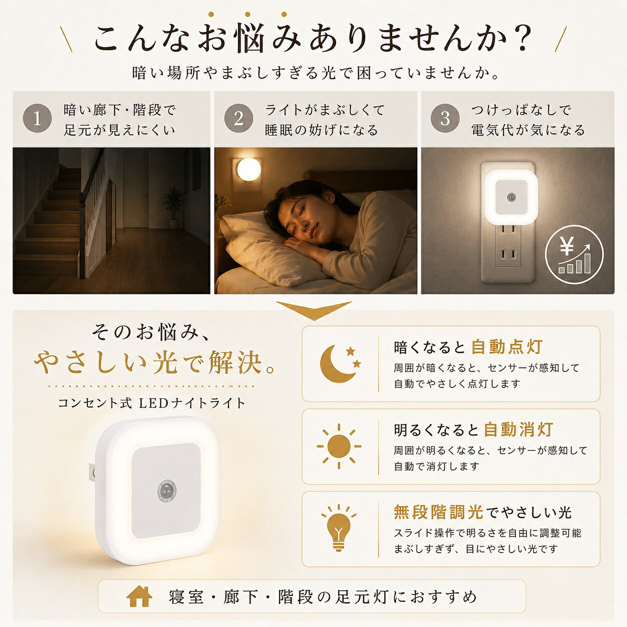 【2個セット】【明るさ調節可】SOAIY 省エネ LED センサーライト 常夜灯 センサーライト室内 明暗センサー搭載 LEDライト 足元灯 フットライト 屋内 コンセント ナイトライト エコ 補助灯 授乳灯 授乳ライト 電球 玄関 廊下 トイレ 寝室 キッチン 電球色 昼光色 送料無料 (3)