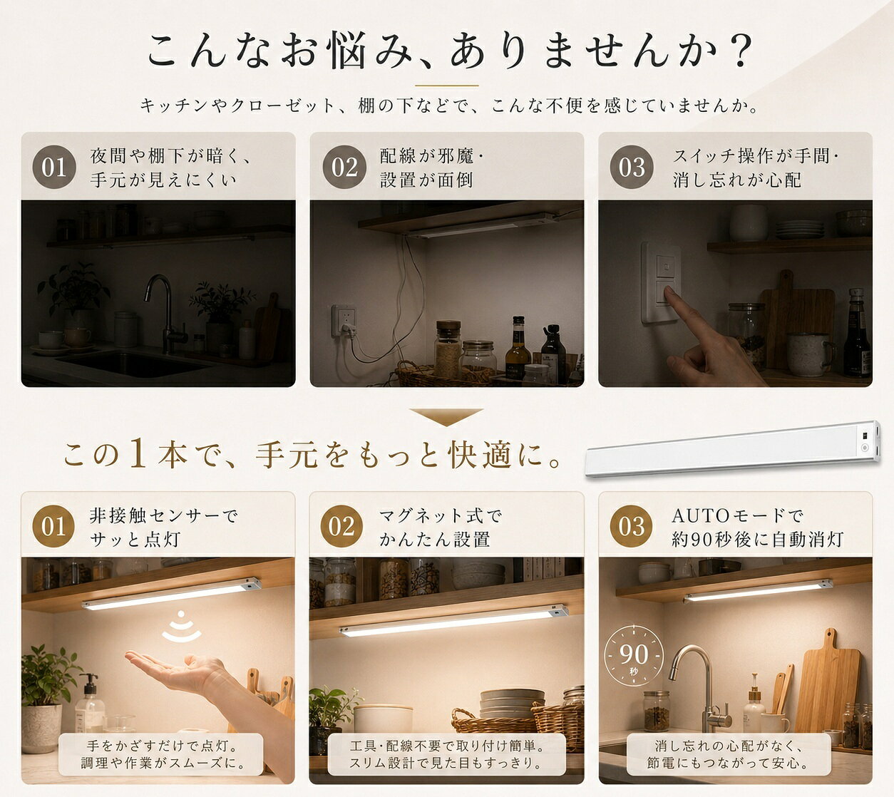 【タッチレス検知】【調色・調光可能】SOAIY センサーライト 多目的灯 LED キッチン用ライト 手元灯 読書灯 ブックライト バーライト 化粧台 洗面台 キッチン 流し元灯 スリムライト センサーライト屋内 壁掛け式 キッチン照明 USB充電式 マグネット付き 40CM 薄型 送料無料 ipow-10000785 IPOW 楽天市場店 サンプル画像2