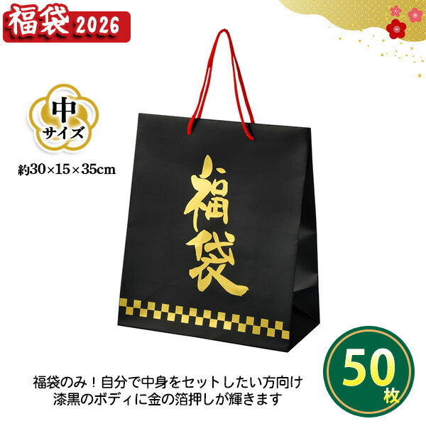 【袋のみ】 福袋 「福ノワール 中サイズ」 50枚 まとめ買い 持ち手付き 紙袋 黒 金 高級感 シック プレミアム 新年 正月 年末年始 初売り イベント ディスプレイ 御礼 プレゼント 記念品 粗品 景品 特典 販促 配布 販売 業務用 2026年 令和8年