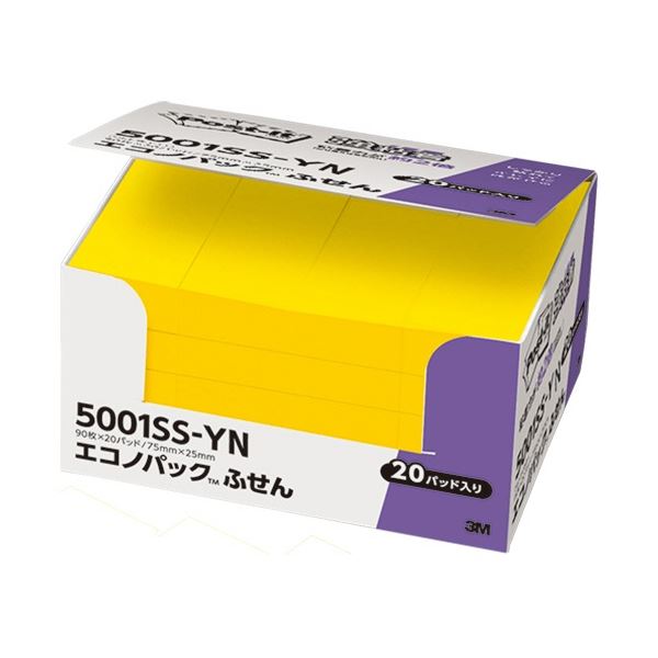 (まとめ) 3M ポスト・イット エコノパック 強粘着ふせん 75×25mm ビビットイエロー 5001SS-YN 1パック(20冊) 【×5セット】