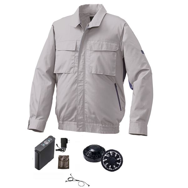 KU91910 空調服 R 綿・ポリ混紡 長袖ブルゾン 脇下マチ付き FAN2200B・RD9261・LIPRO2セット シルバー×ブルー LLのサムネイル