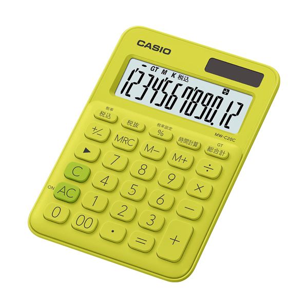 (まとめ) カシオ カラフル電卓 ミニジャストタイプ12桁 ライムグリーン MW-C20C-YG-N 1台 【×10セット】