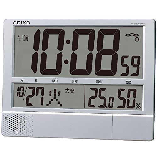 SEIKO CLOCK (セイコークロック) 掛置兼用時計 電波 デジタル プログラム機能 カレンダー・六曜・温度・湿度表示 大型 薄型 軽量 銀色メタリック SQ434S 　送料込み！