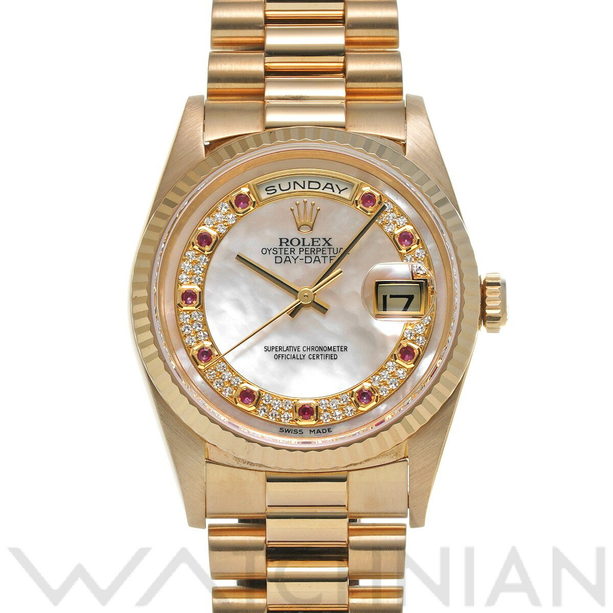 【5種選べるクーポン】【ローン60回払い無金利】【中古】 ロレックス ROLEX デイデイト 18238NMR W番(1995年頃製造) ホワイトシェル/ミリヤードダイヤモンド/ルビー メンズ 腕時計 ロレックス 時計 高級腕時計 ブランド