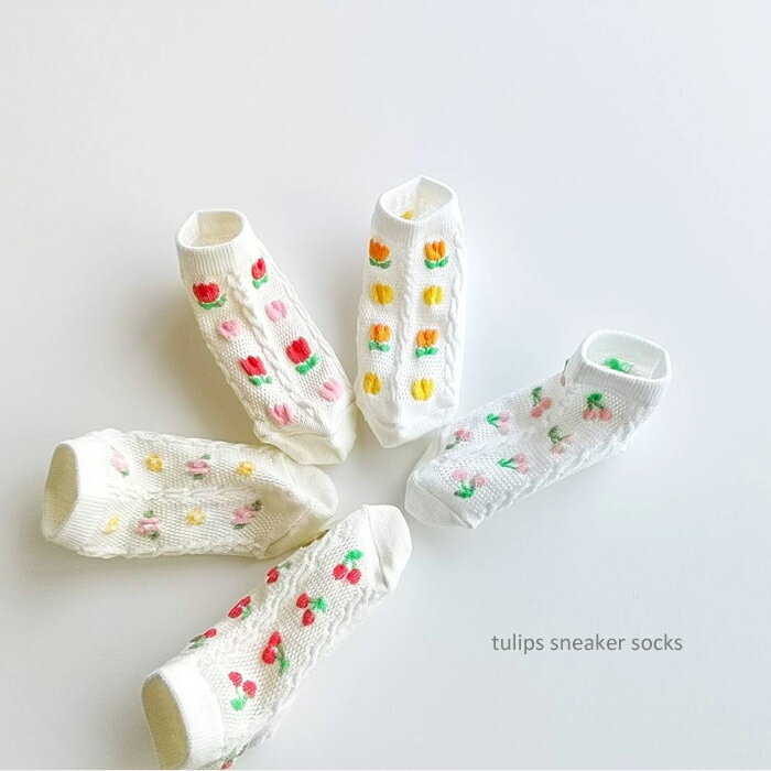 ＜KIDS＞tulips sneaker socksset 5足　メッシュ 花 フラワー サクランボ チェリー 靴下 滑り止めは12-14,14-16のみ 韓国子供服 ソックス 男の子 女の子 カバーソックス スニーカーソックス 12cm 13cm 14cm 15cm 16cm 17cm 18cm 19cm 20cm 21cm 22cm 花柄