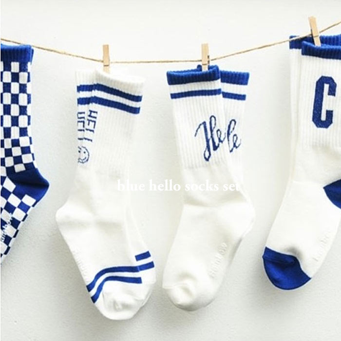 【再入荷】リブ＜BABY＞＜KIDS＞blue hello socks set 滑り止めは3号のみ付いています　4足セット 10cm 11cm 12cm 13cm 14cm 15cm 16cm 17cm 18cm 19cm 20cm 韓国子供服 男の子 女の子 靴下 シンプル こども キッズ ロゴ